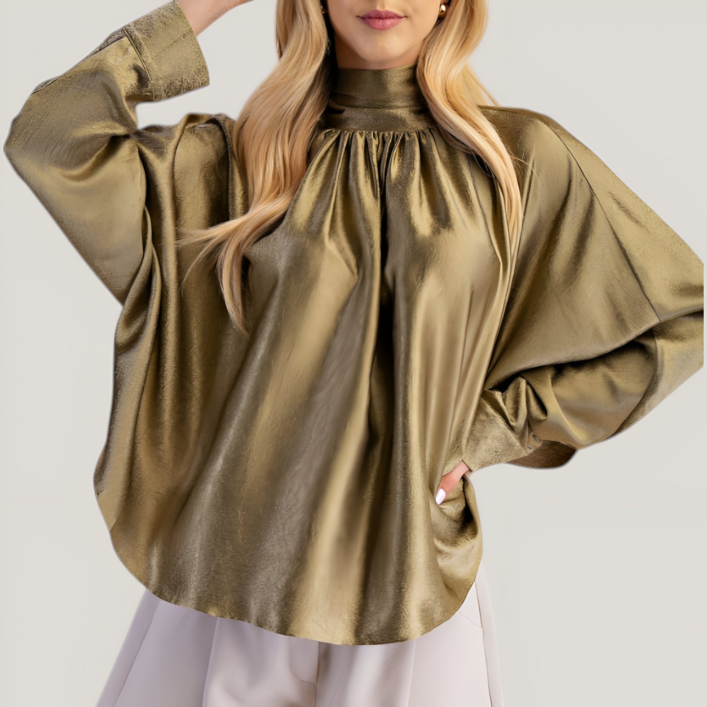 Satin Long Sleeve Blouse with Gathered Neckline and Tie Back Bow