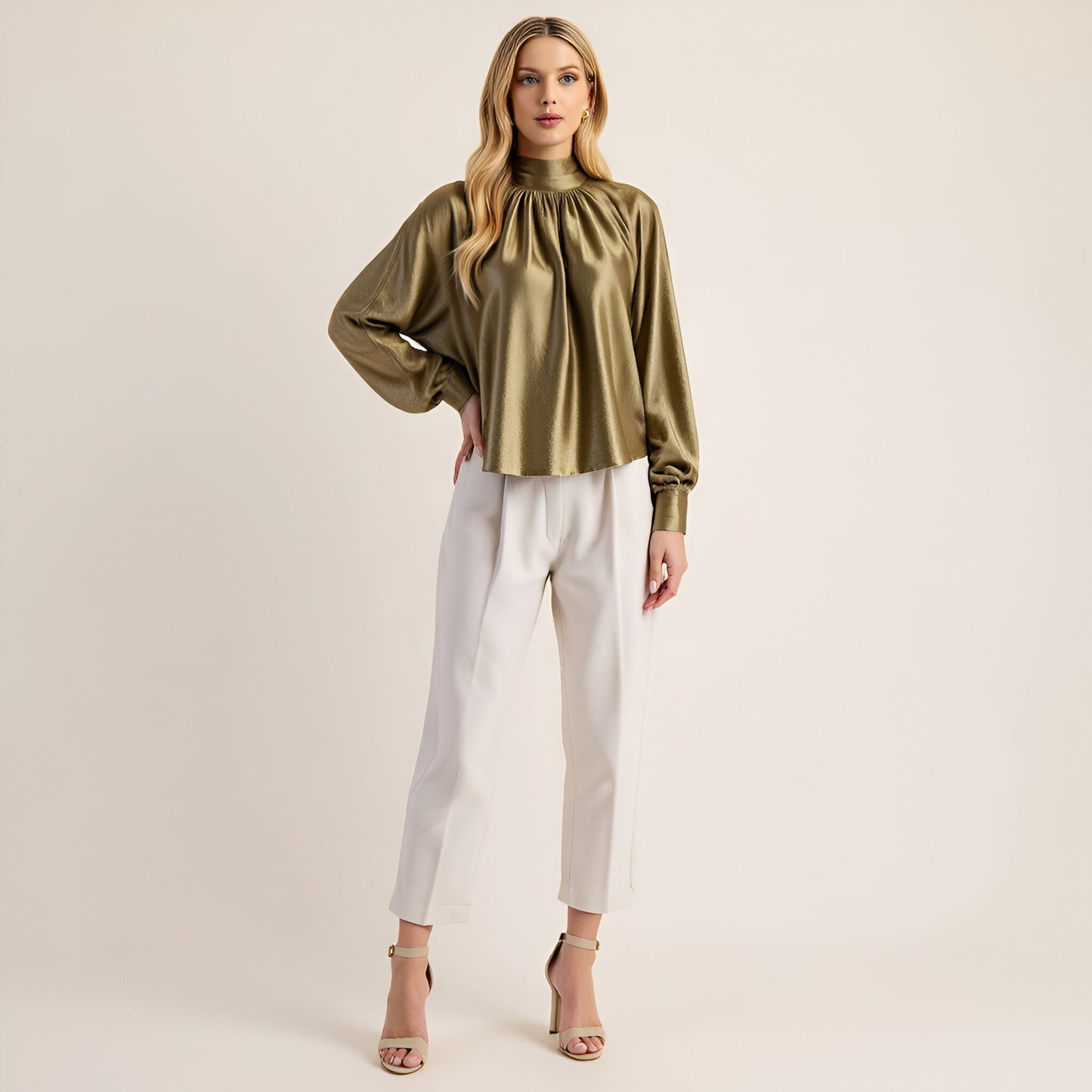 Satin Long Sleeve Blouse with Gathered Neckline and Tie Back Bow