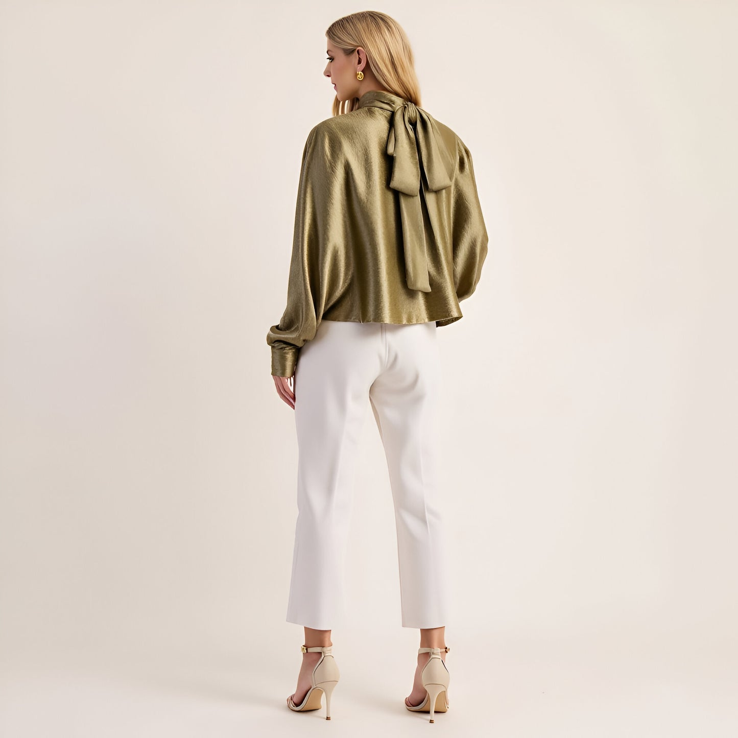 Satin Long Sleeve Blouse with Gathered Neckline and Tie Back Bow
