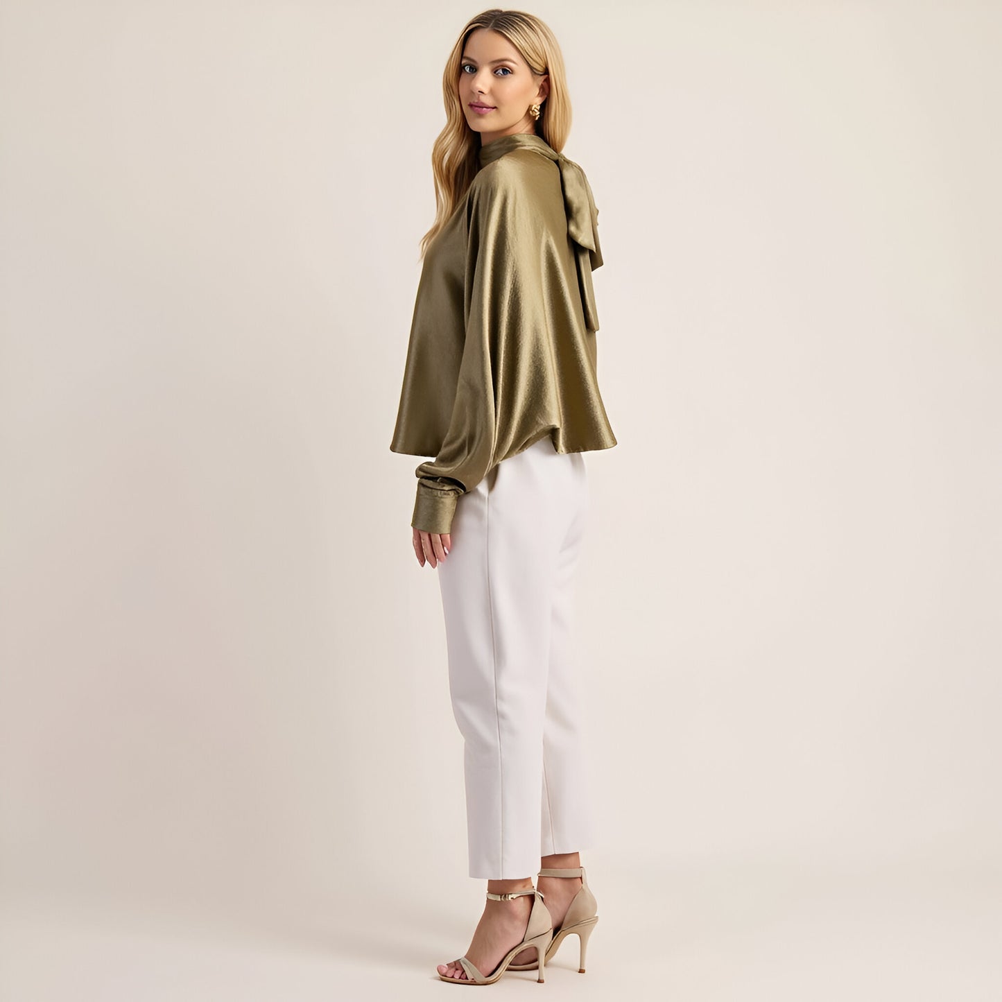 Satin Long Sleeve Blouse with Gathered Neckline and Tie Back Bow