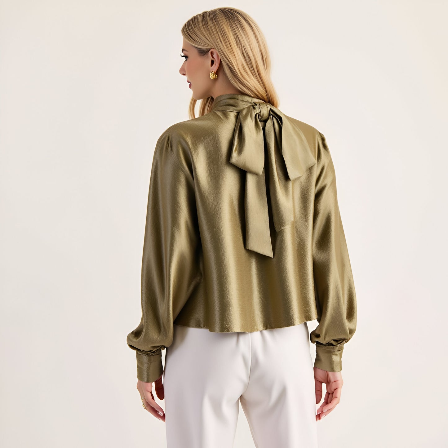 Satin Long Sleeve Blouse with Gathered Neckline and Tie Back Bow