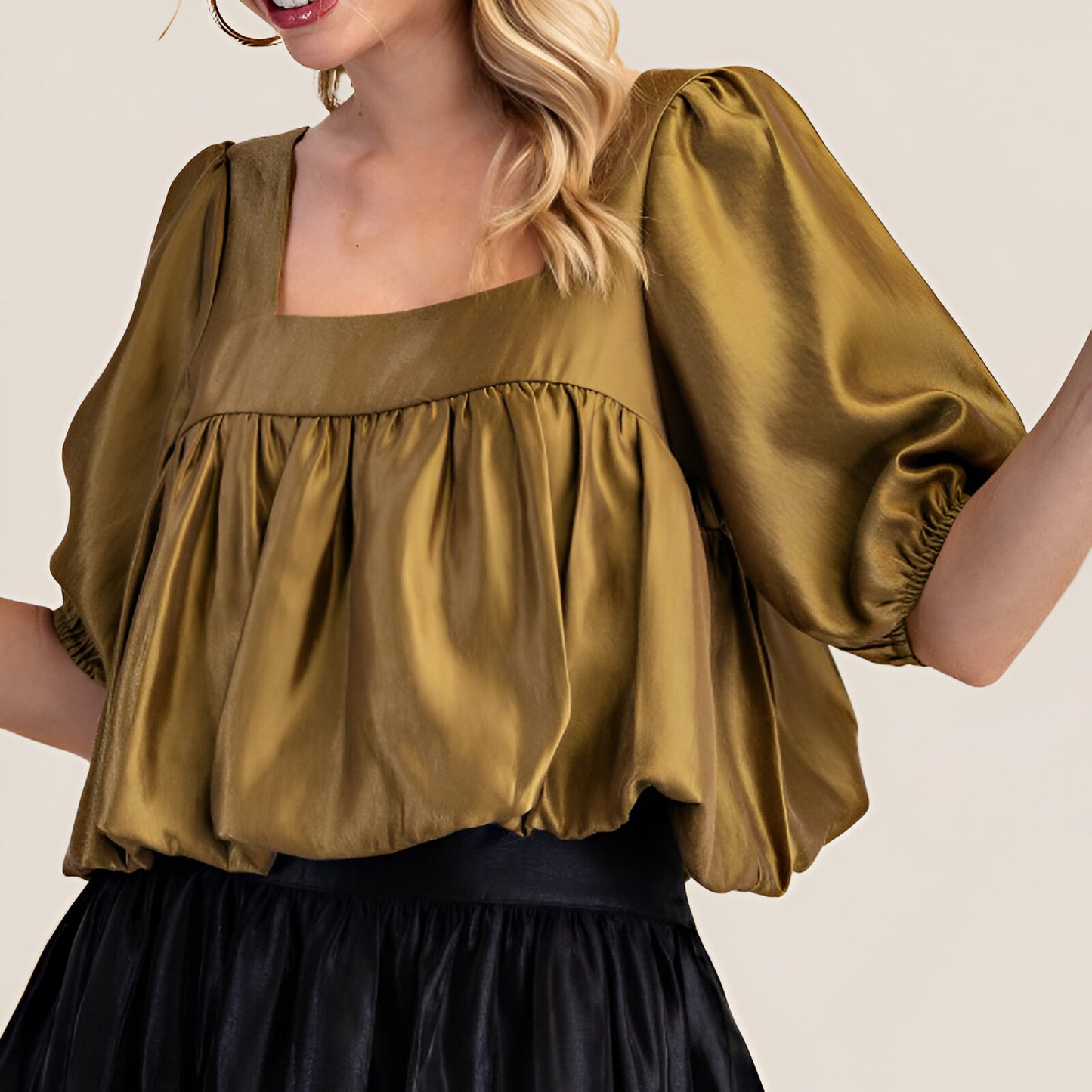 Gathered Bubble Hem Top with Puff Sleeves and Square Neckline