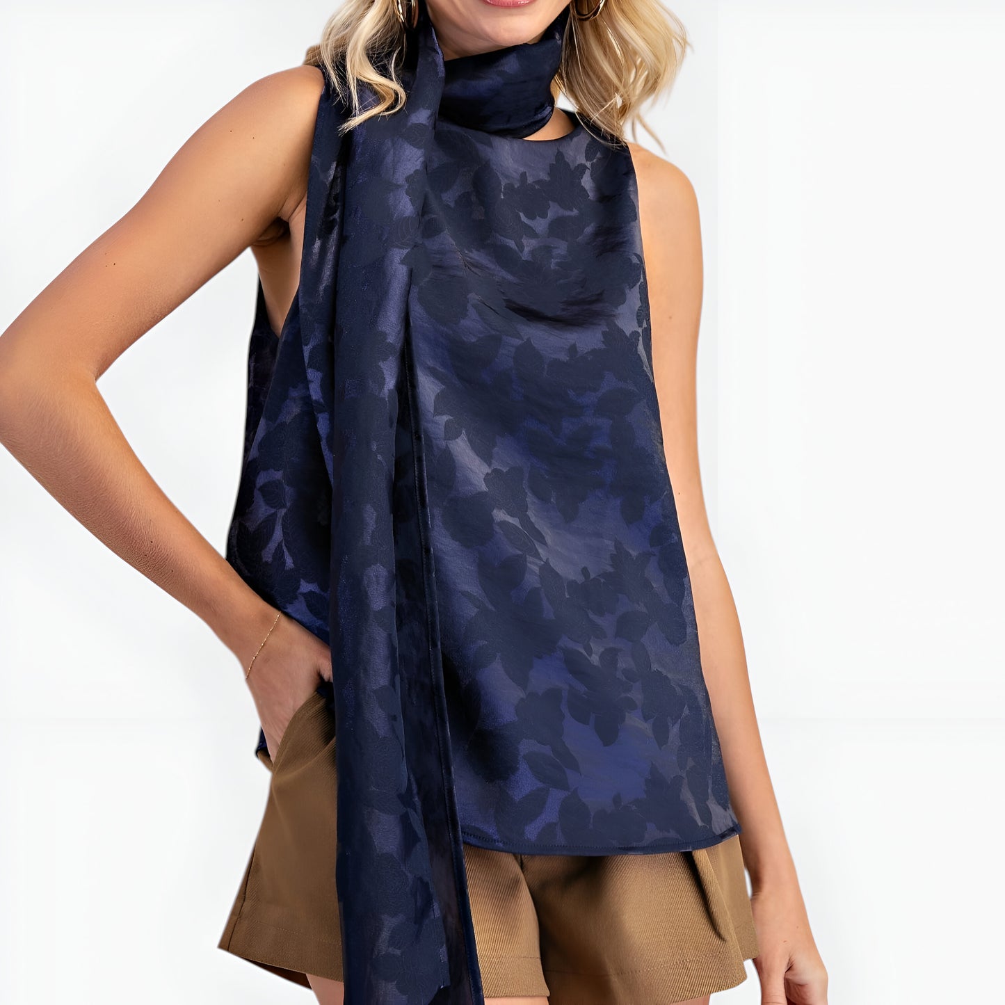 Jacquard Sleeveless Top with Draped Neck Tie and Subtle Floral Texture
