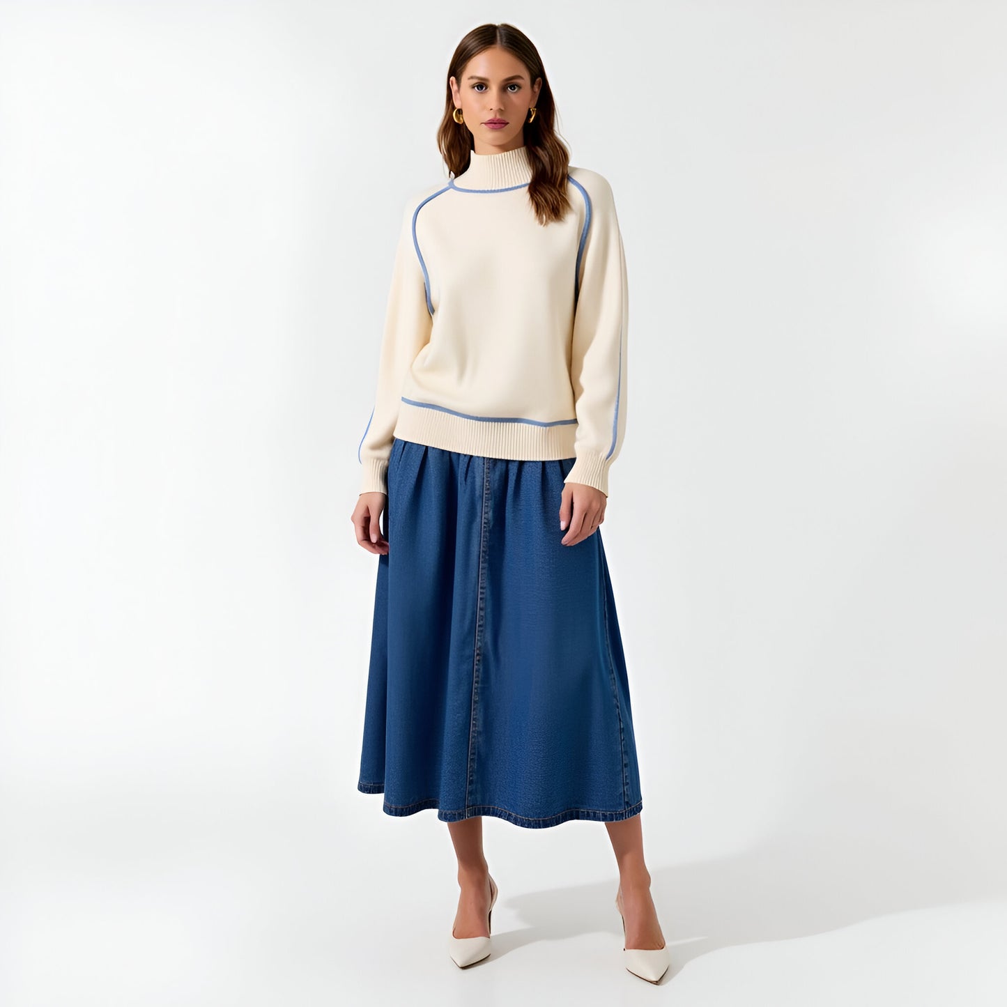 Mock Neck Sweater with Blue Contrast Trim and Raglan Balloon Sleeves