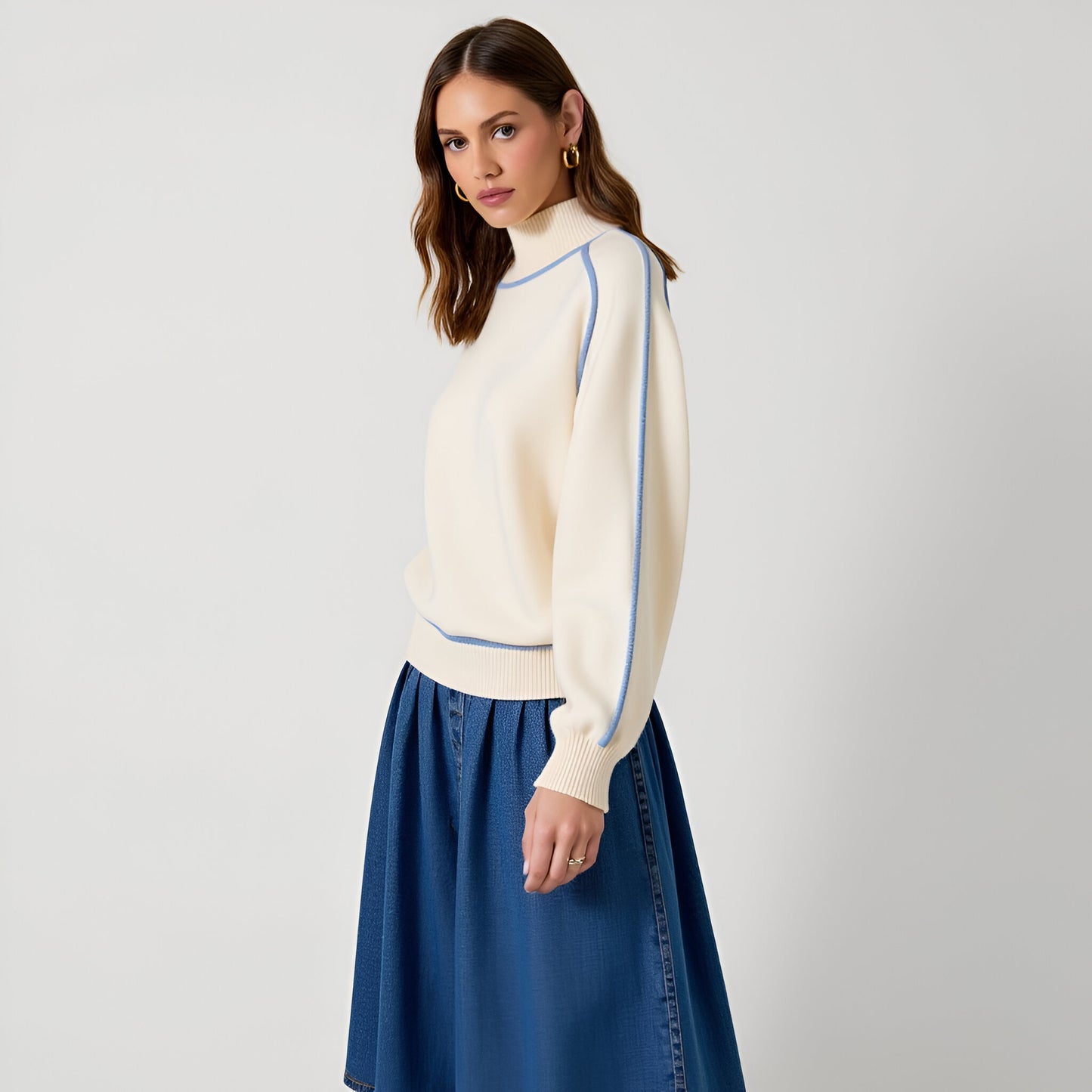 Mock Neck Sweater with Blue Contrast Trim and Raglan Balloon Sleeves