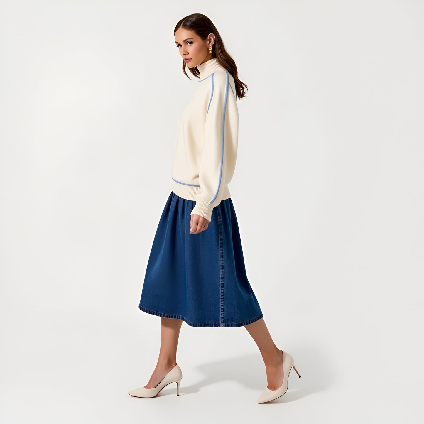 Mock Neck Sweater with Blue Contrast Trim and Raglan Balloon Sleeves
