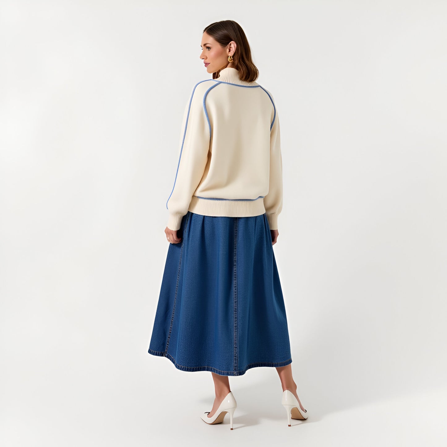 Mock Neck Sweater with Blue Contrast Trim and Raglan Balloon Sleeves