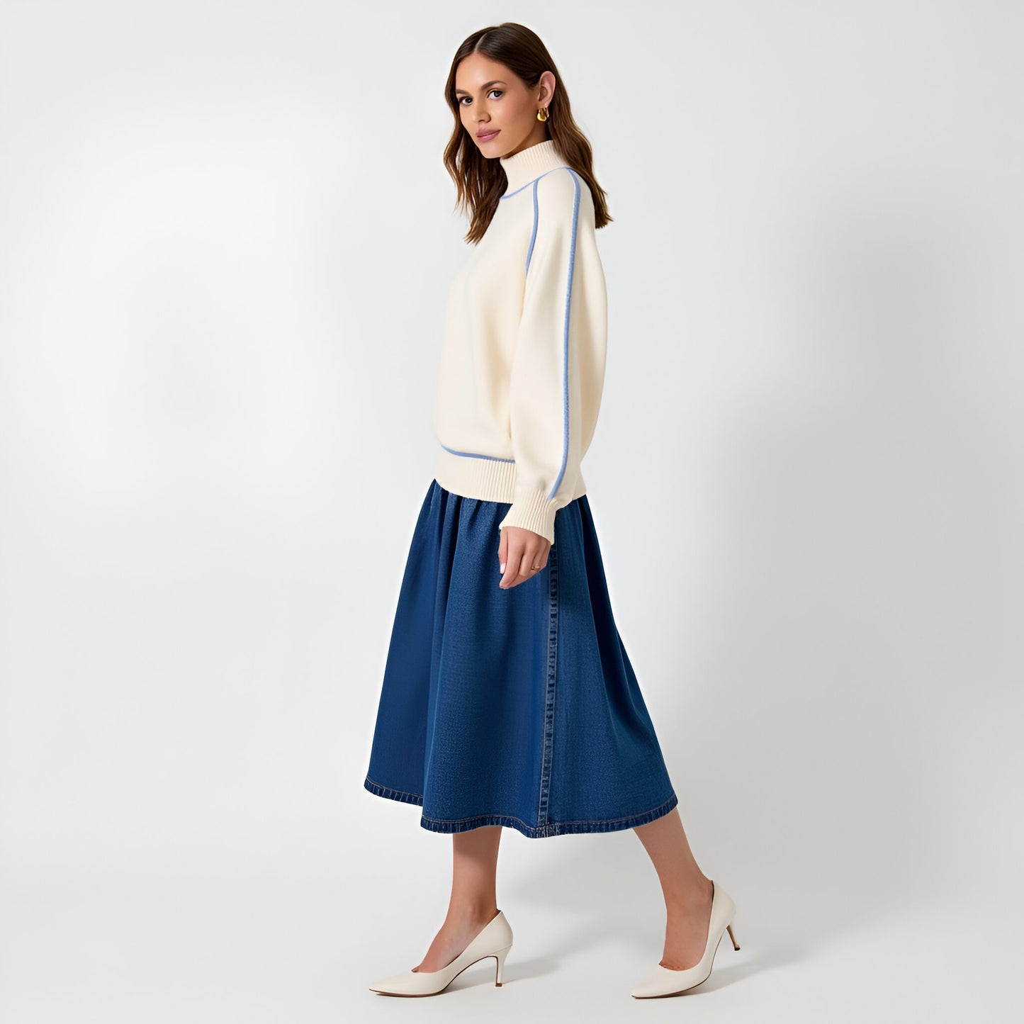 Mock Neck Sweater with Blue Contrast Trim and Raglan Balloon Sleeves