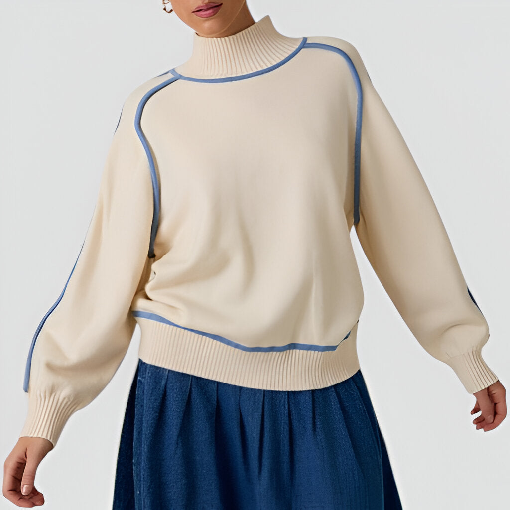 Mock Neck Sweater with Blue Contrast Trim and Raglan Balloon Sleeves
