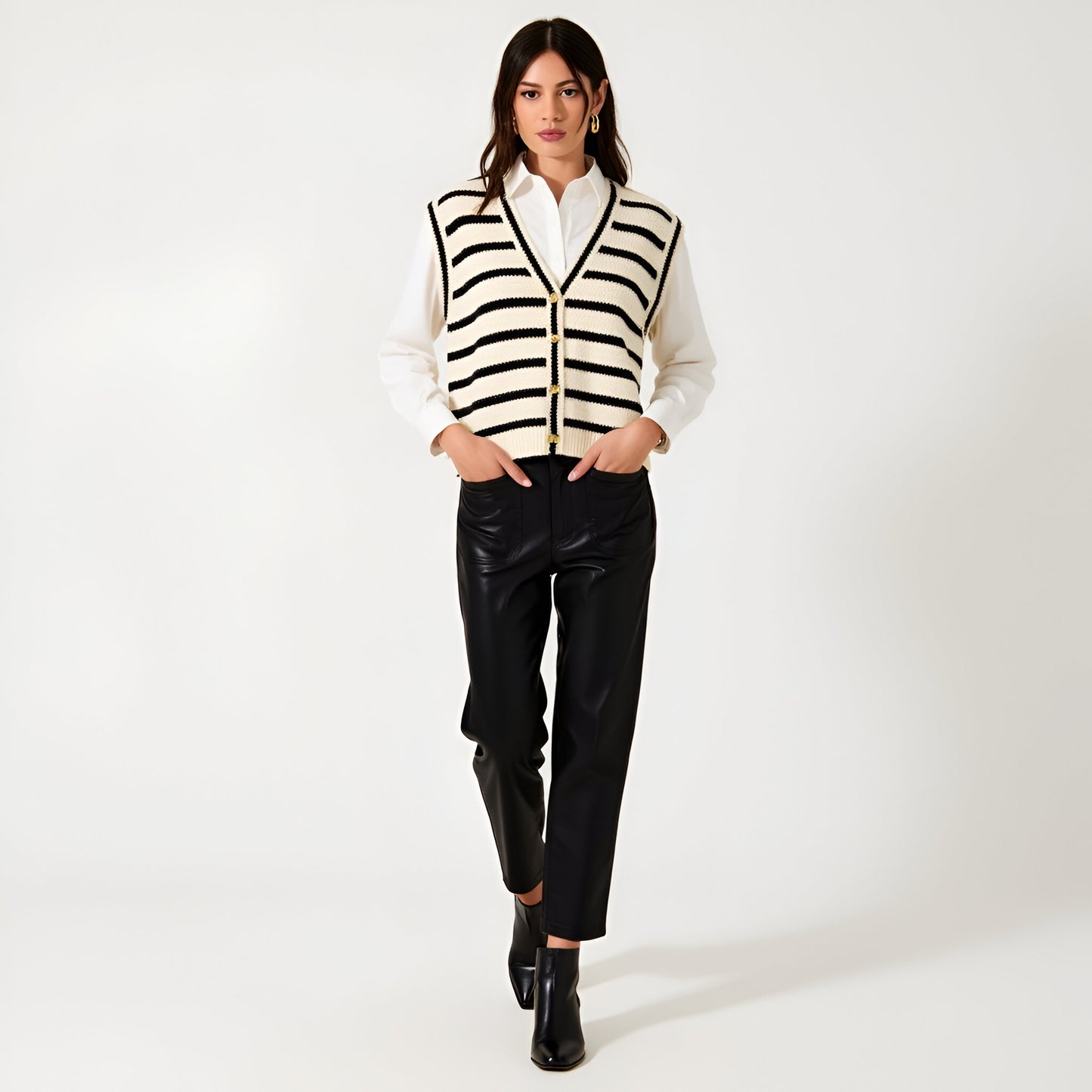 Striped Knit Sweater Vest with Gold Button Front and Deep V-Neckline