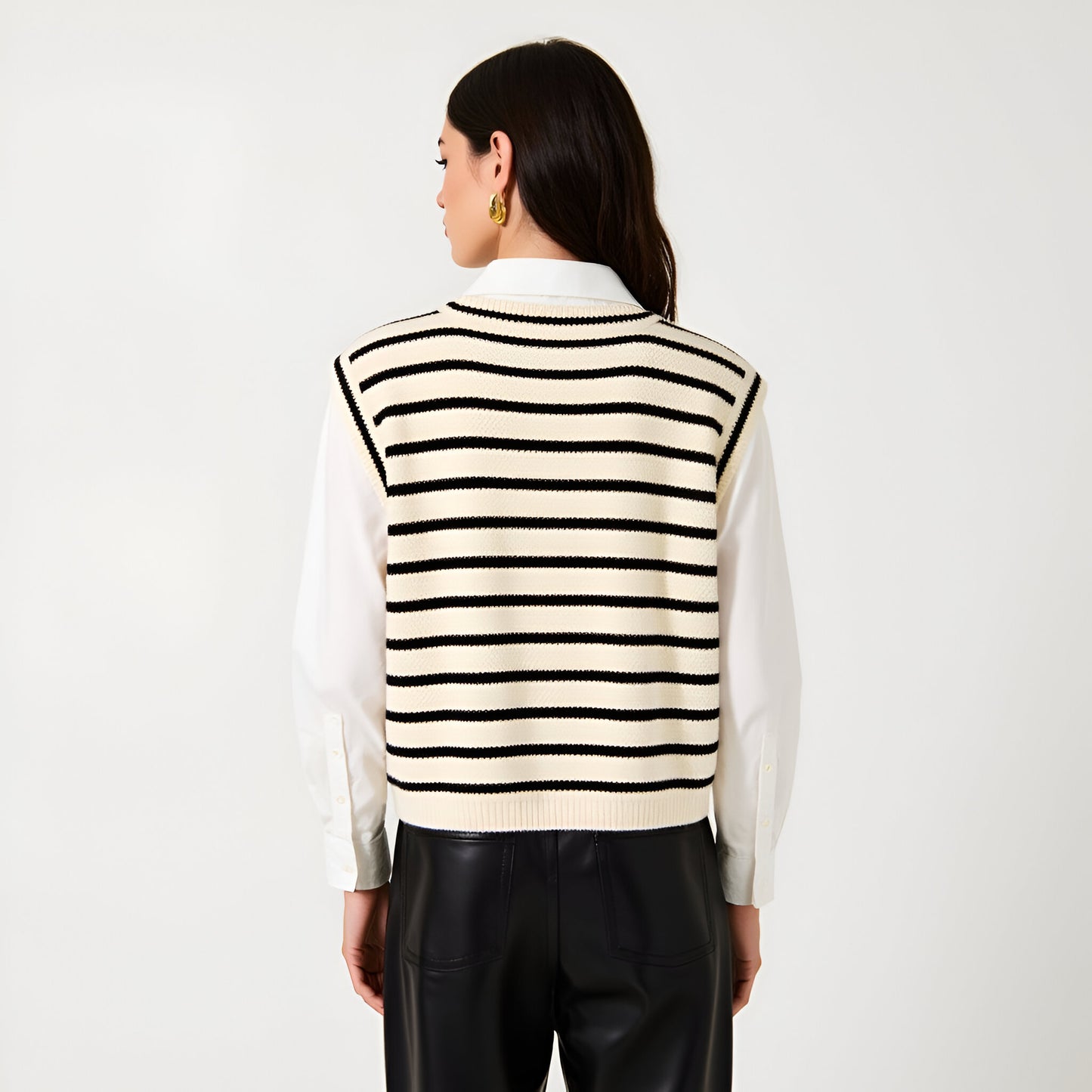 Striped Knit Sweater Vest with Gold Button Front and Deep V-Neckline
