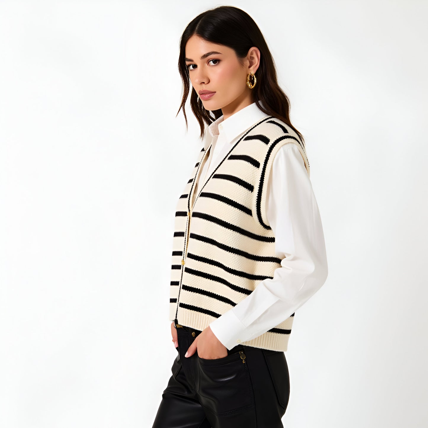 Striped Knit Sweater Vest with Gold Button Front and Deep V-Neckline