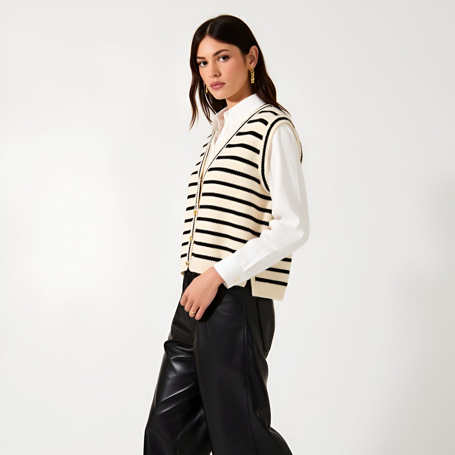 Striped Knit Sweater Vest with Gold Button Front and Deep V-Neckline