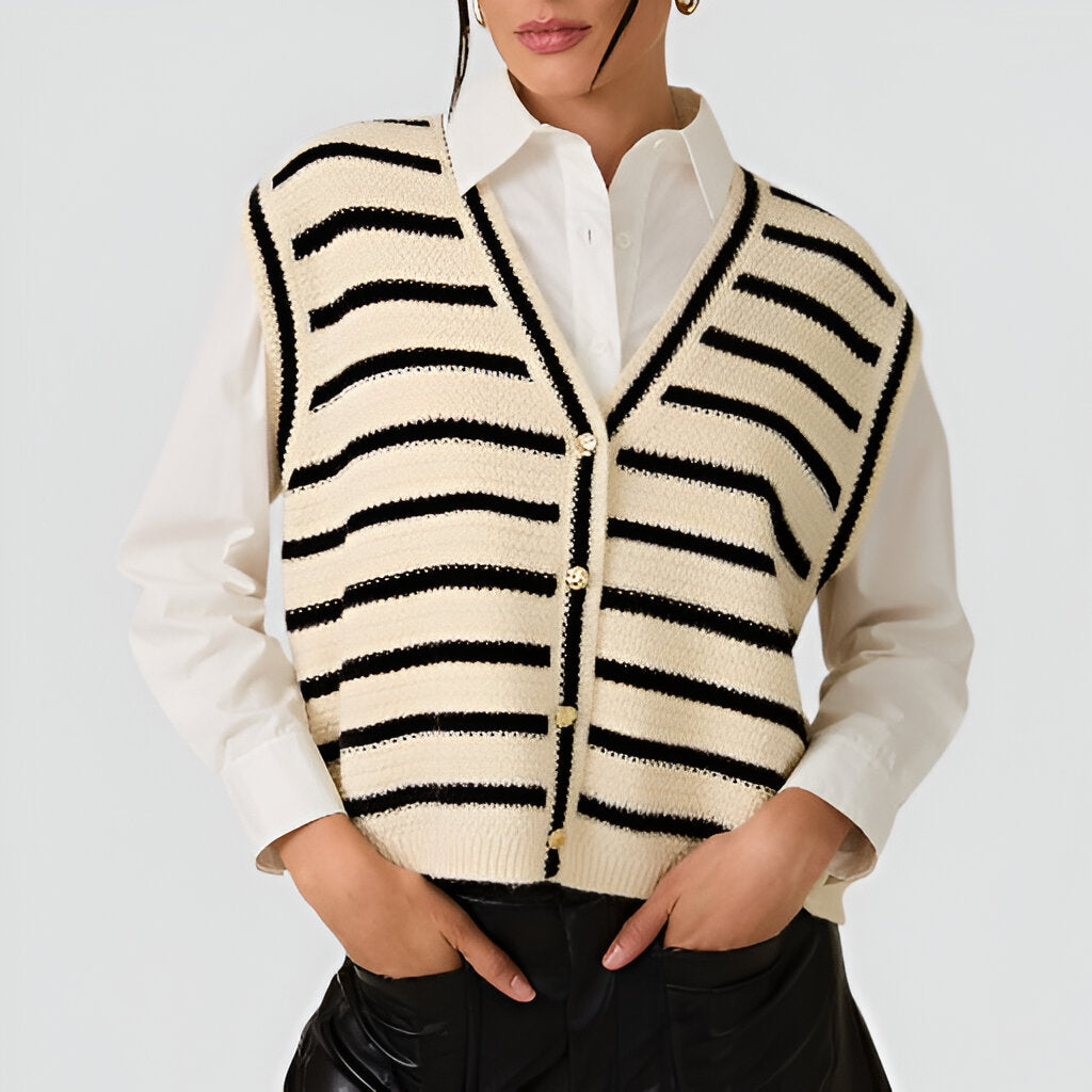 Striped Knit Sweater Vest with Gold Button Front and Deep V-Neckline