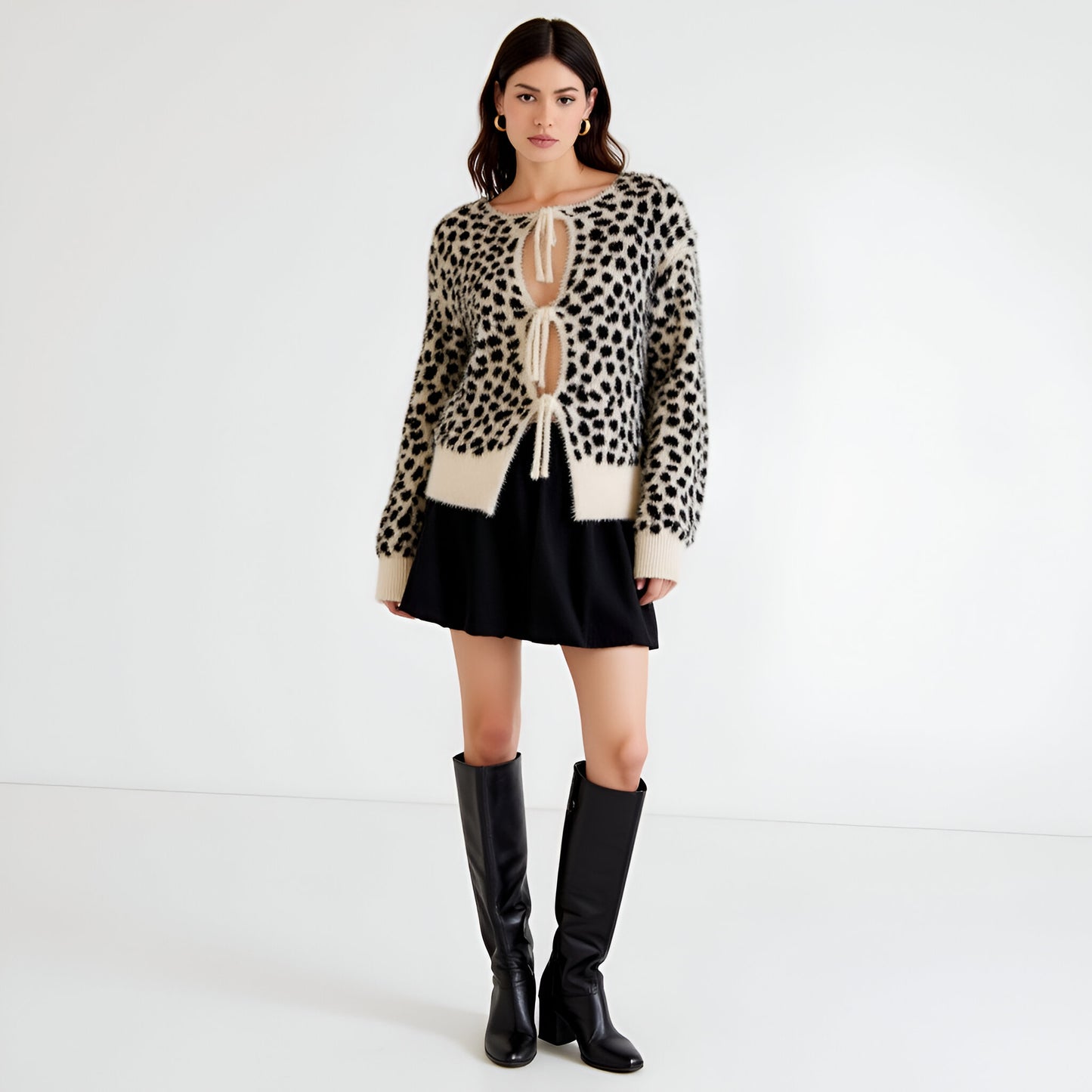 Leopard Fuzzy Cardigan with Tie Front and Contrast Hem Detailing