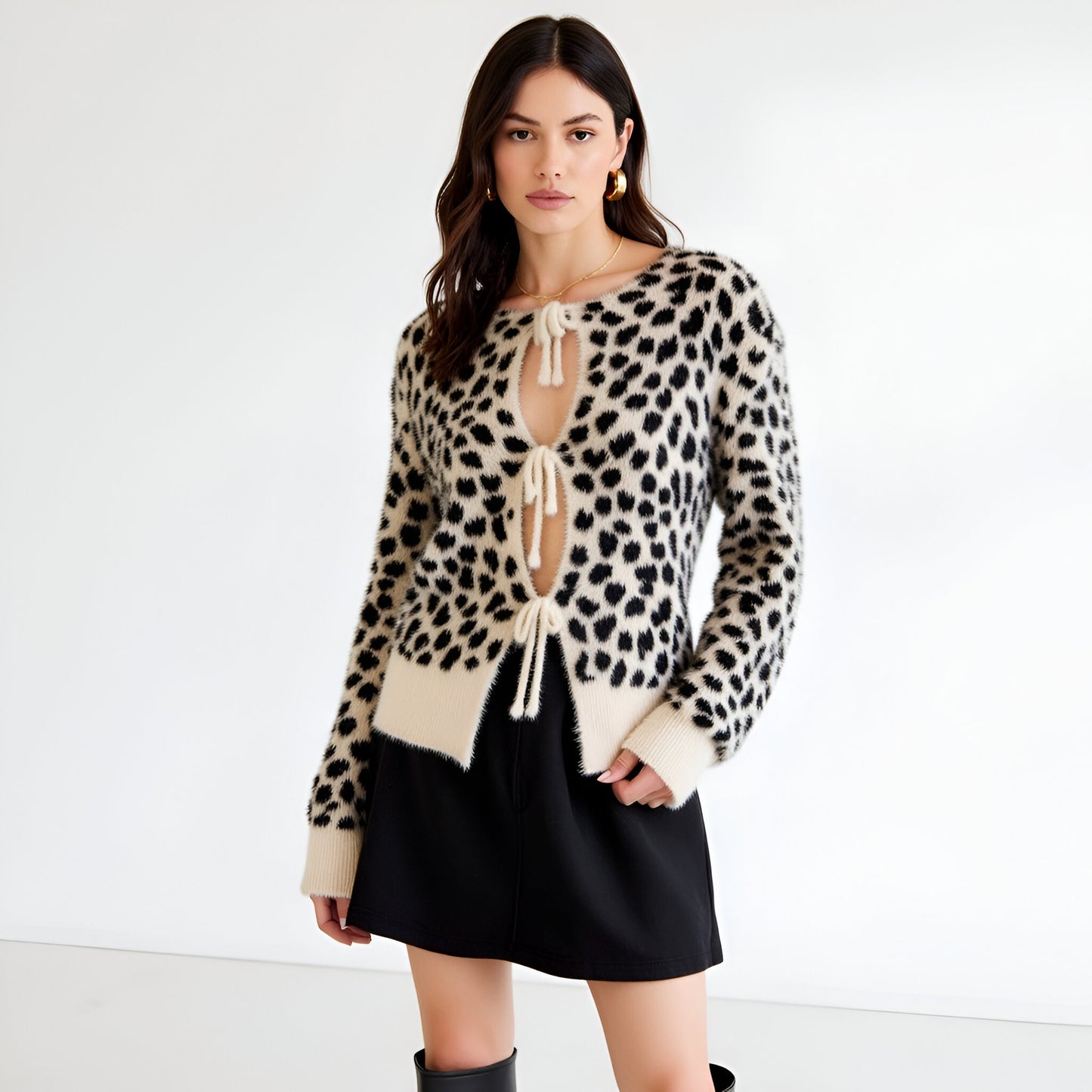 Leopard Fuzzy Cardigan with Tie Front and Contrast Hem Detailing