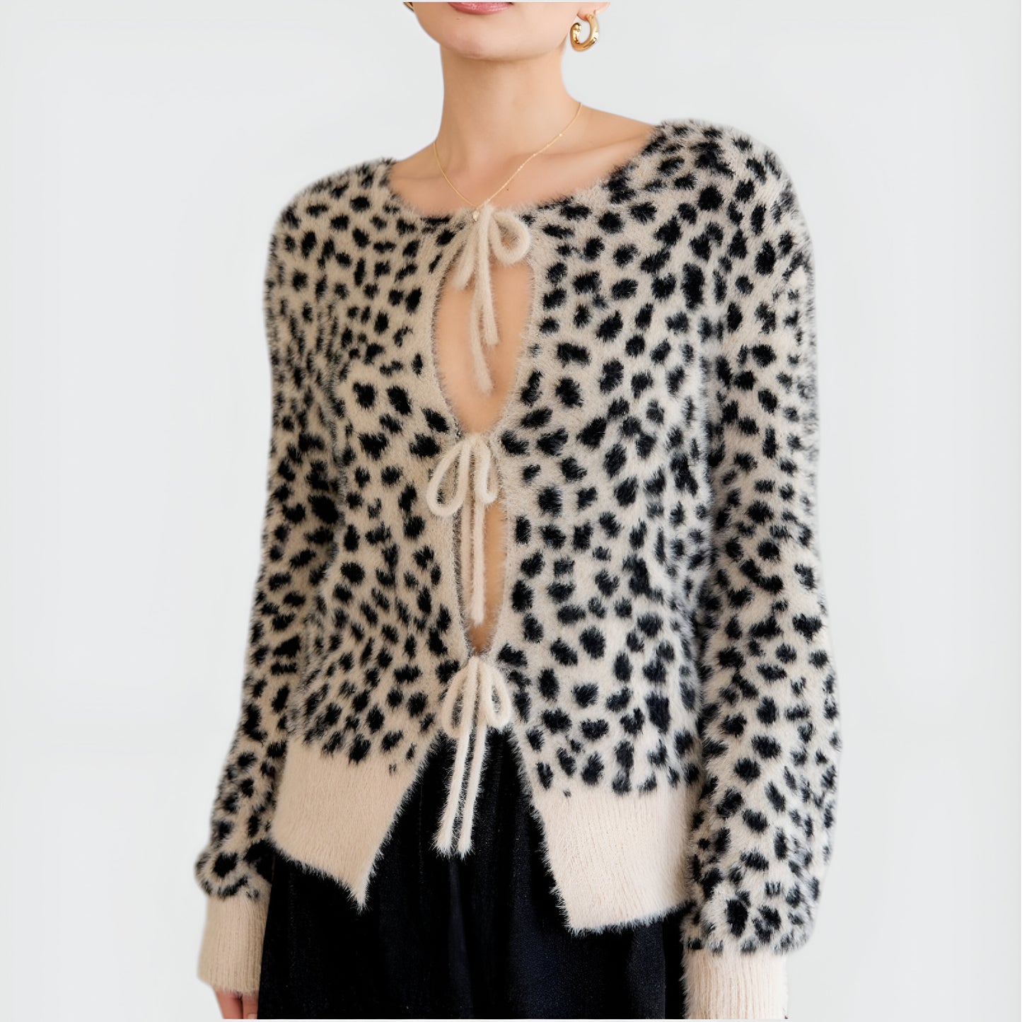 Leopard Fuzzy Cardigan with Tie Front and Contrast Hem Detailing