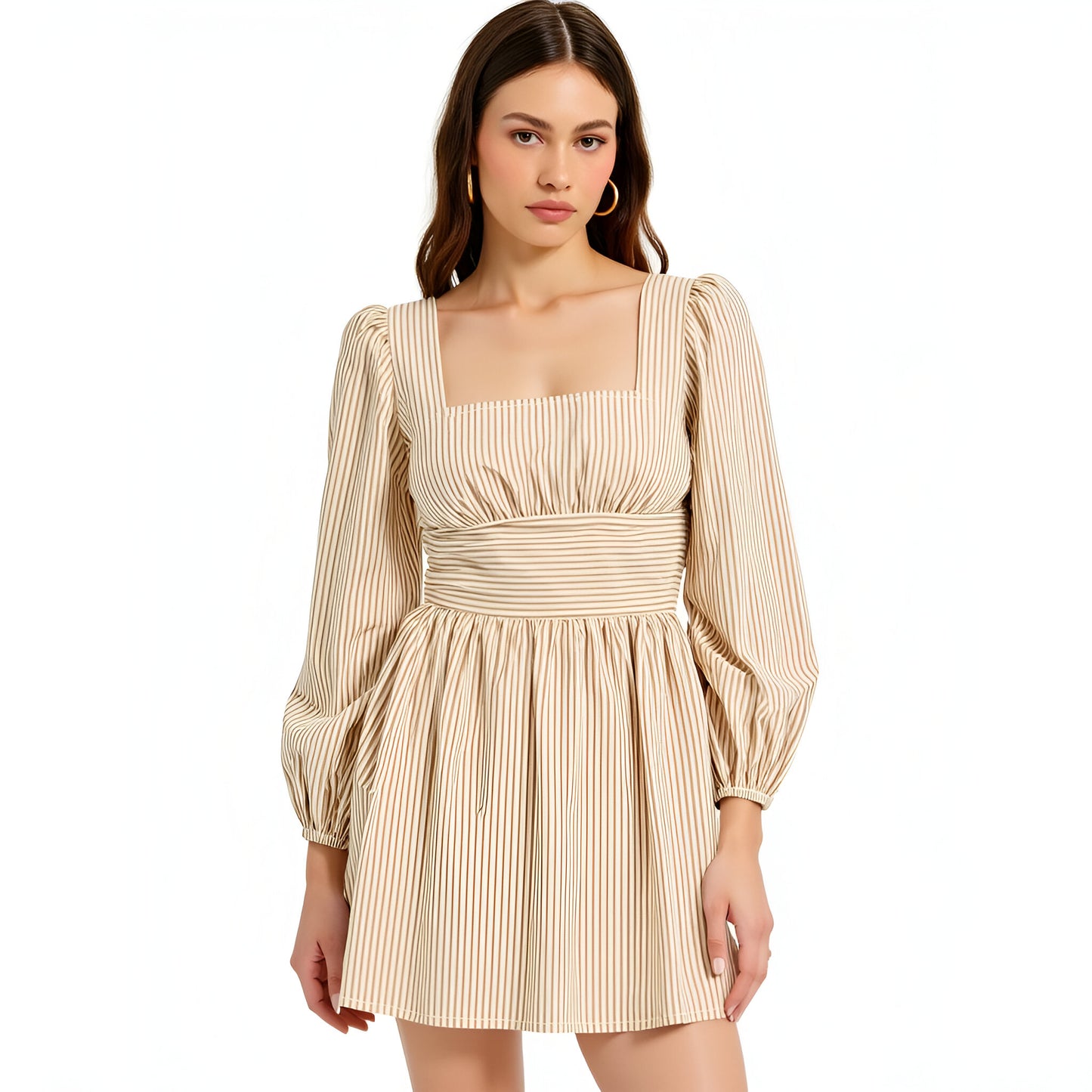 Striped Mini Dress with Square Neckline, Puff Sleeves and Back Bow Detail