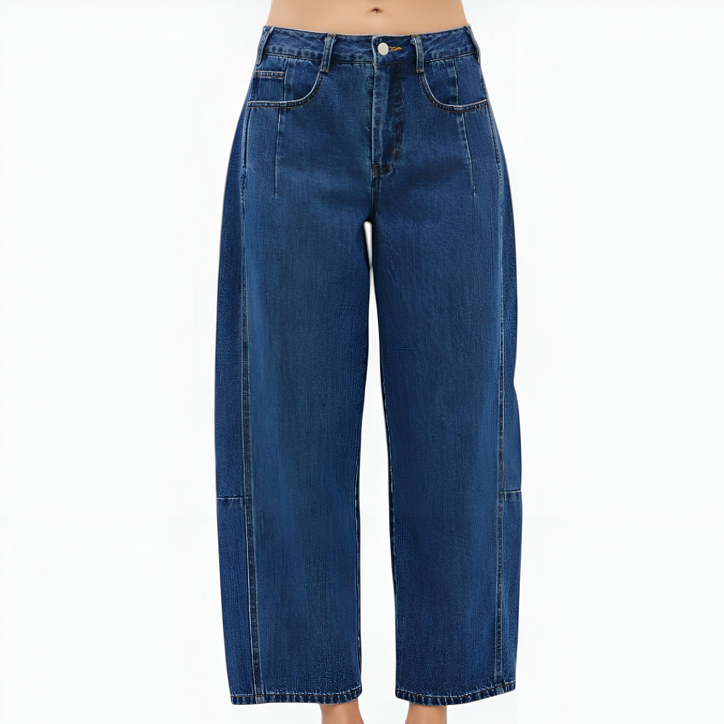 Barrel Leg Denim Pants with Contrast Seams, High Waist and Pockets