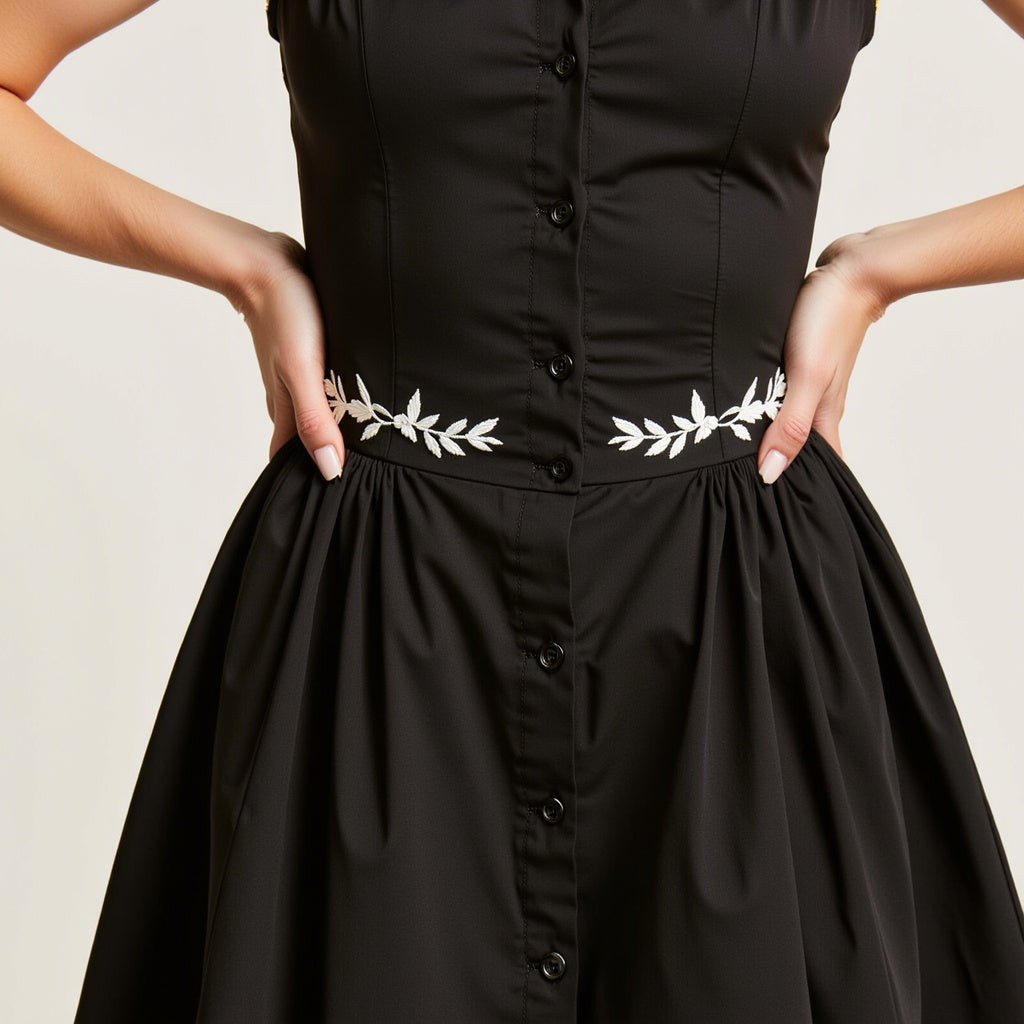 Embroidered Waist Button-Front Halter Mini Dress with Smocked Open Back
