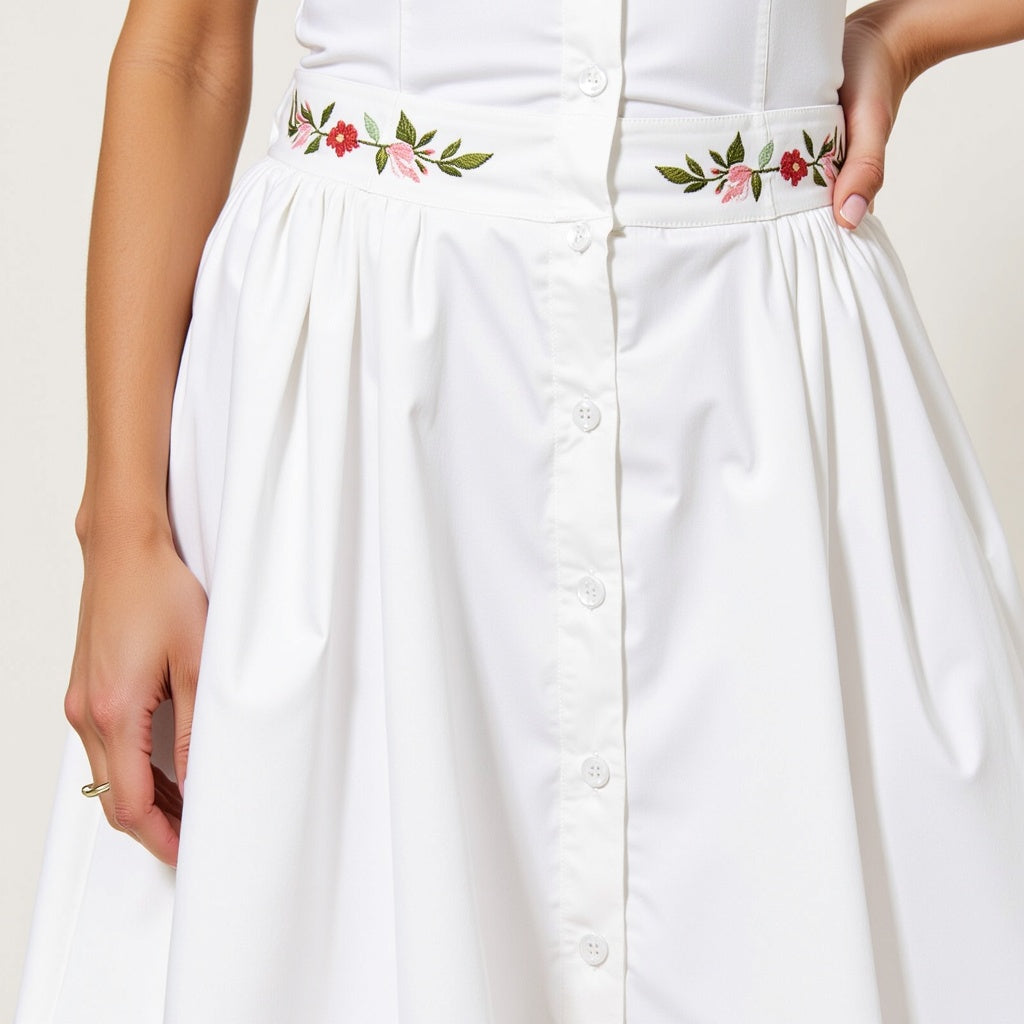 Embroidered Waist Button-Front Halter Mini Dress with Smocked Open Back