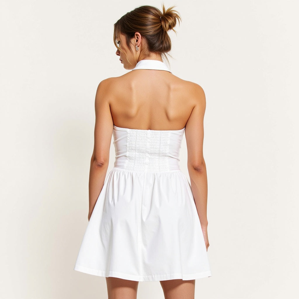 Embroidered Waist Button-Front Halter Mini Dress with Smocked Open Back