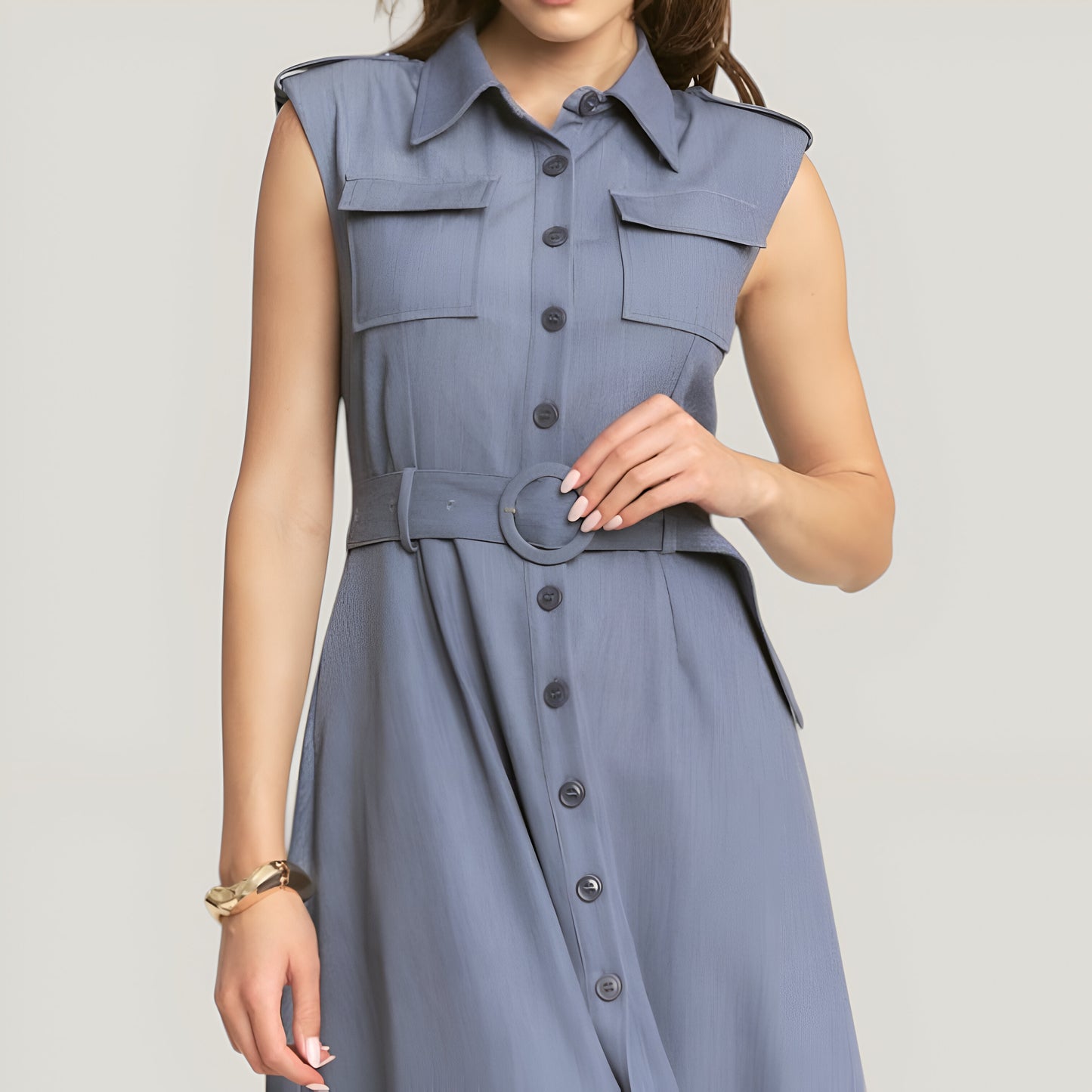 Belted A-Line Midi Dress with Shoulder Button Details and Multiple Pockets
