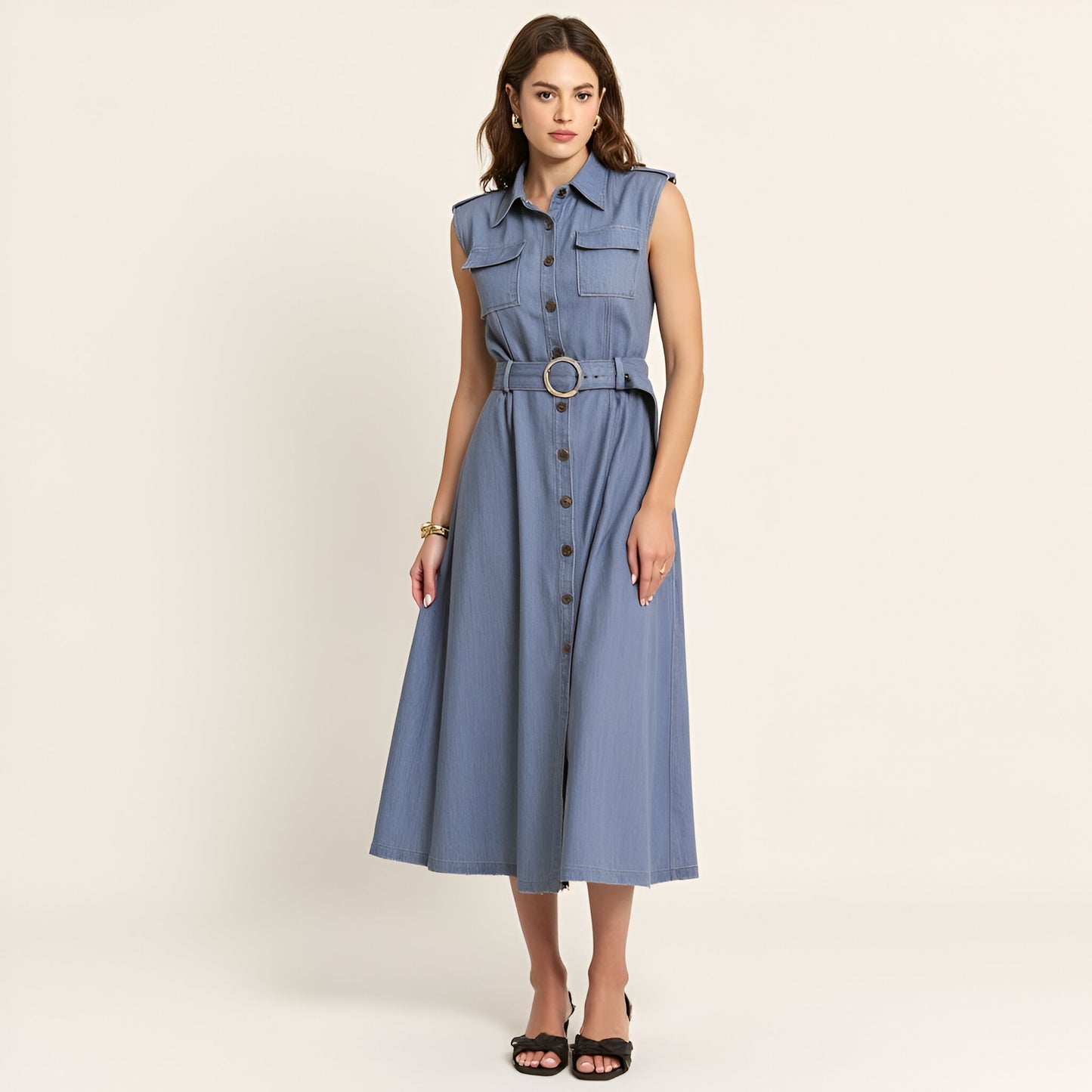 Belted A-Line Midi Dress with Shoulder Button Details and Multiple Pockets