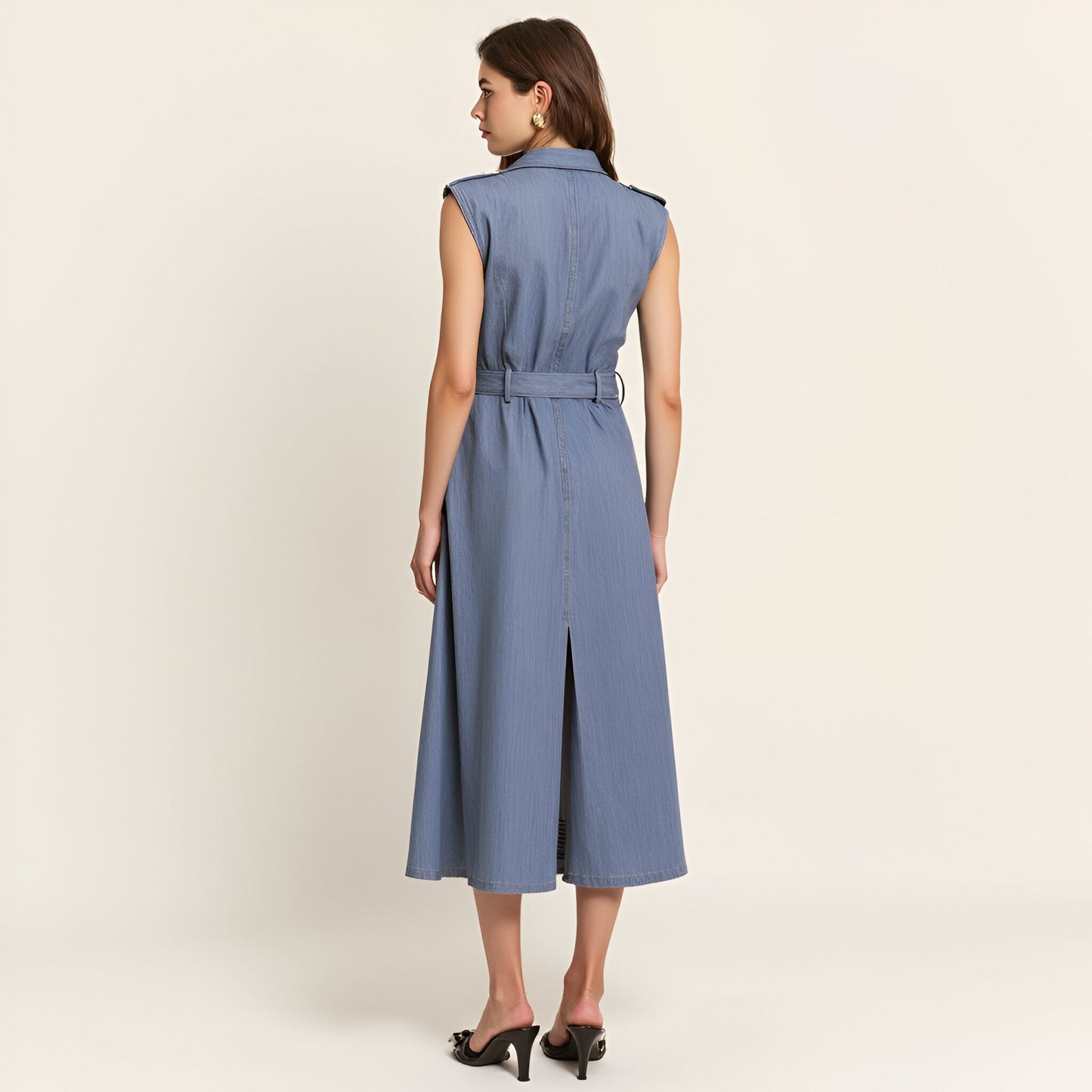 Belted A-Line Midi Dress with Shoulder Button Details and Multiple Pockets