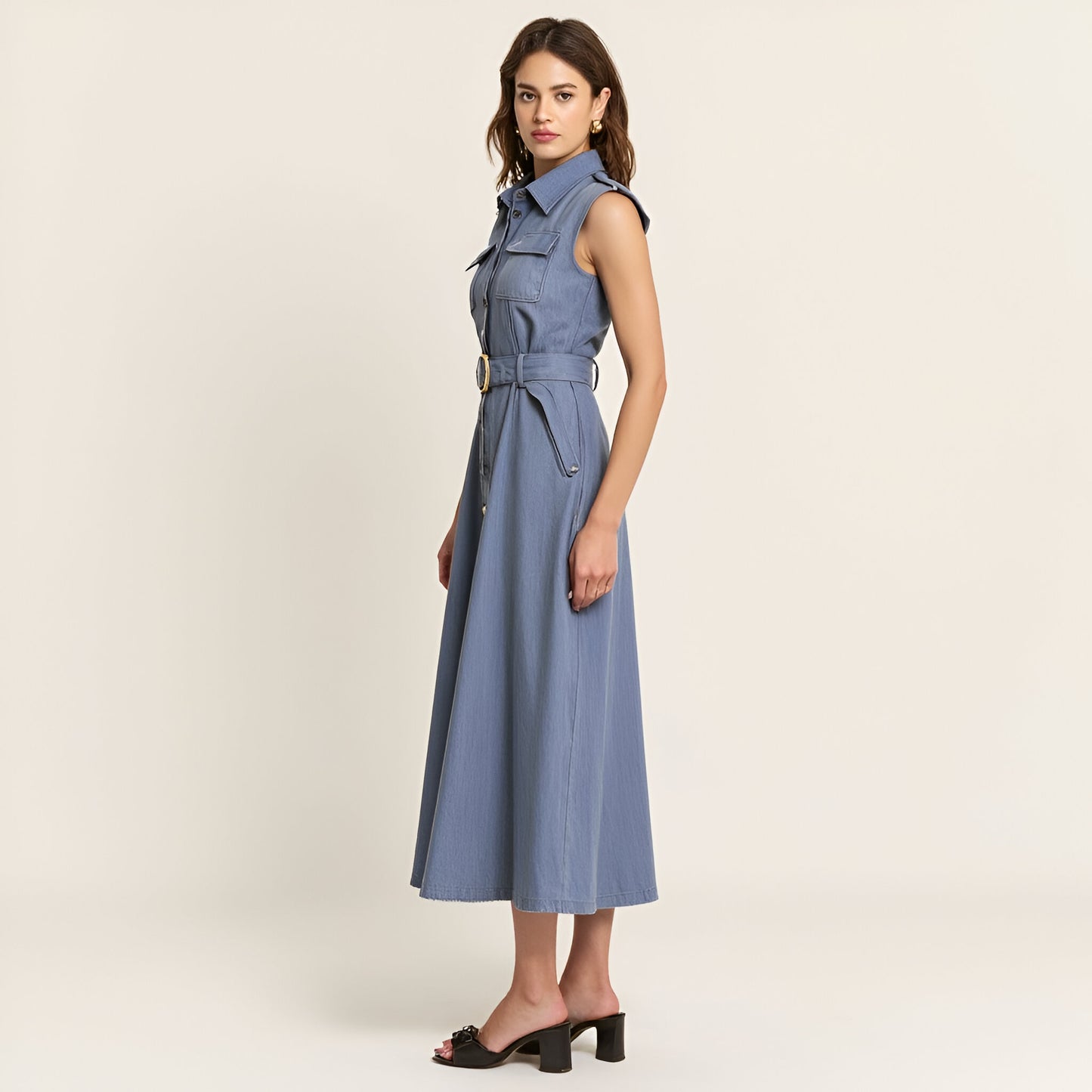 Belted A-Line Midi Dress with Shoulder Button Details and Multiple Pockets