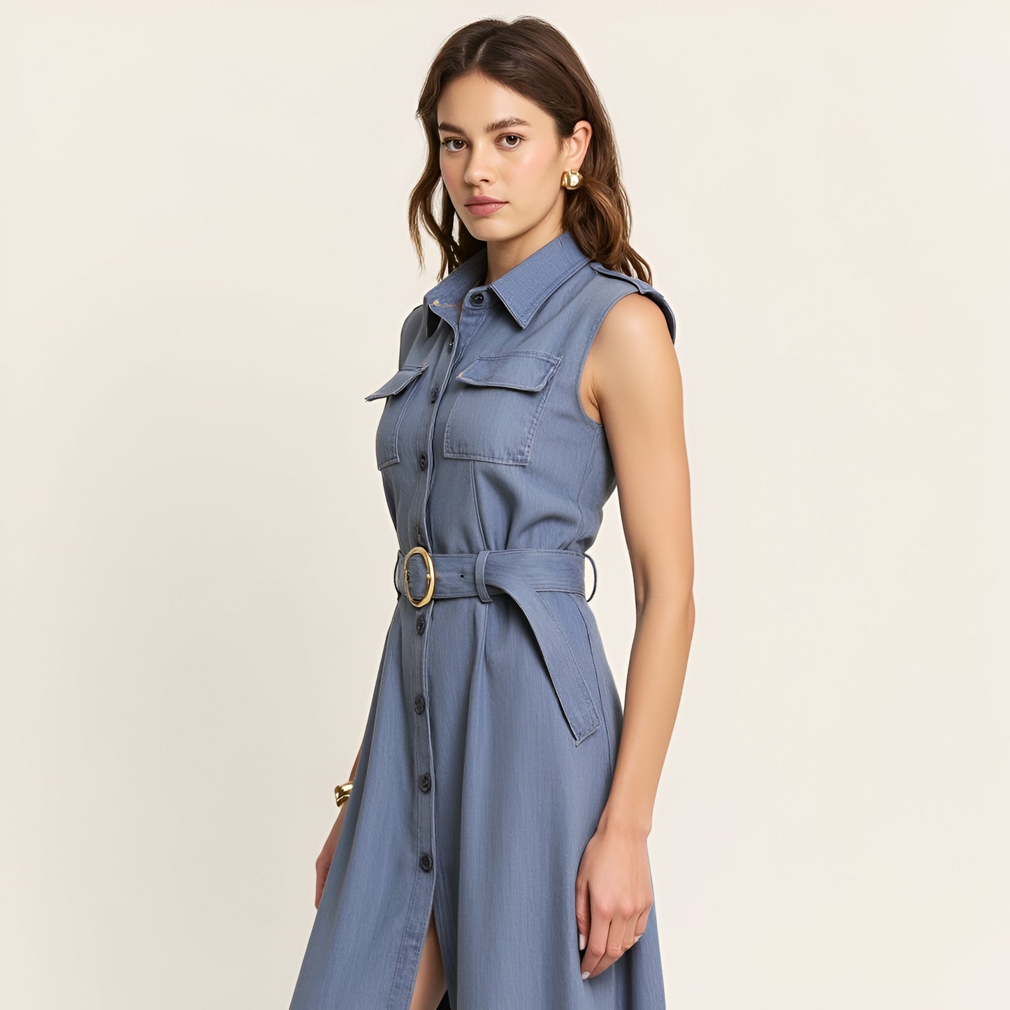 Belted A-Line Midi Dress with Shoulder Button Details and Multiple Pockets