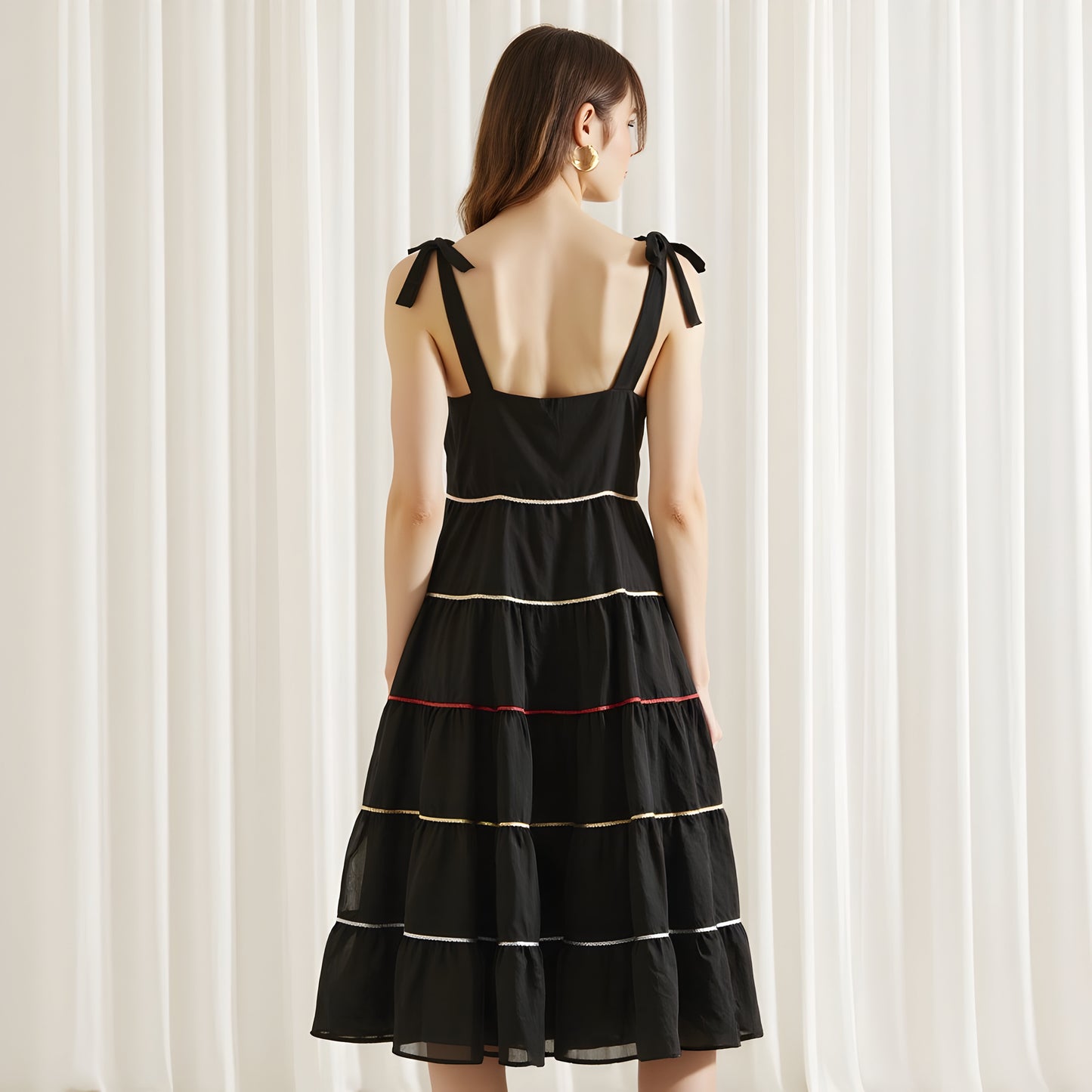 Tiered Midi Dress with Contrast Stitching and Tie Shoulder Straps
