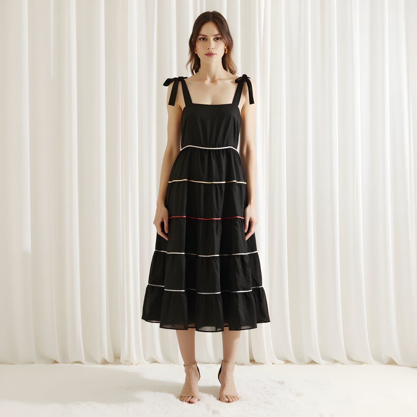Tiered Midi Dress with Contrast Stitching and Tie Shoulder Straps