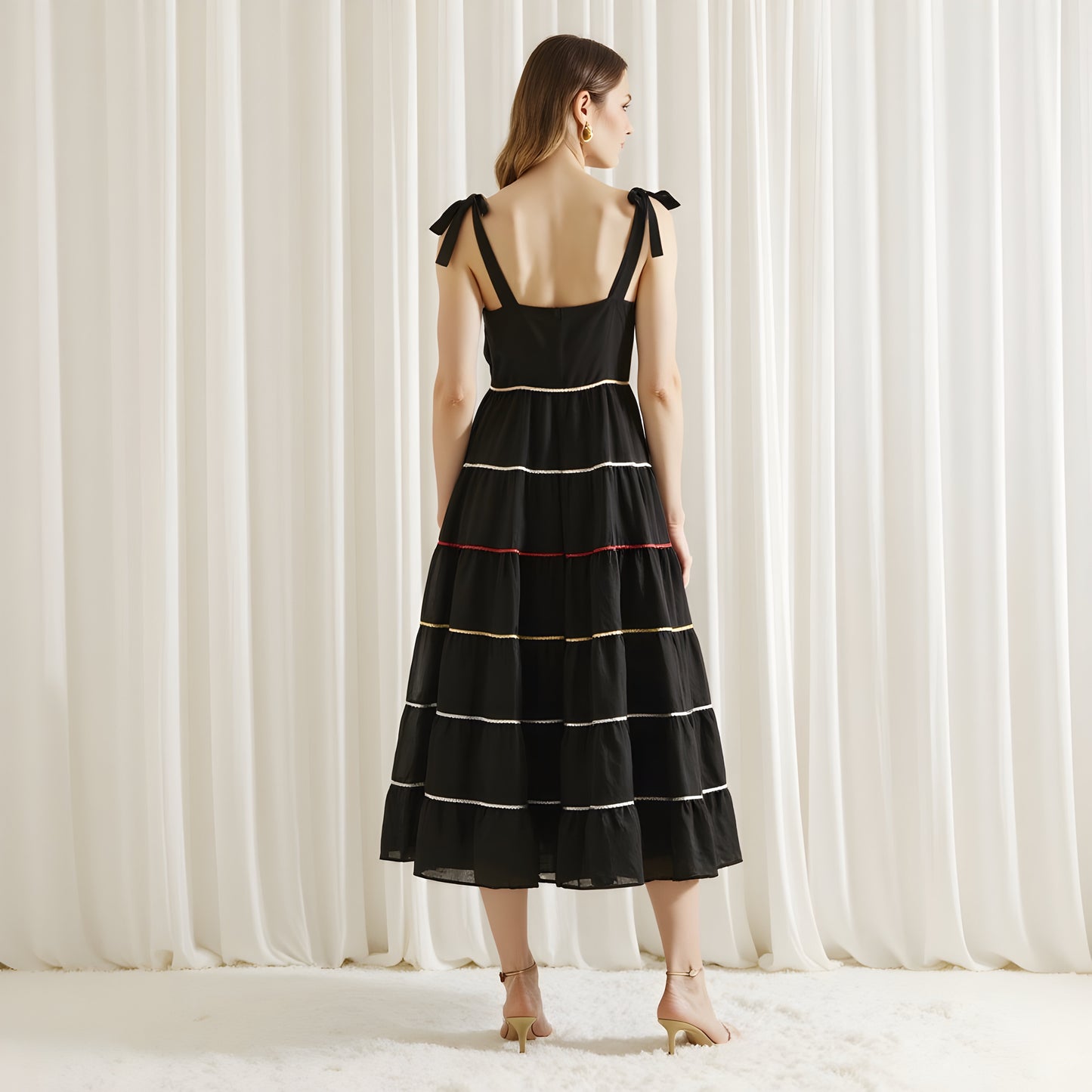 Tiered Midi Dress with Contrast Stitching and Tie Shoulder Straps