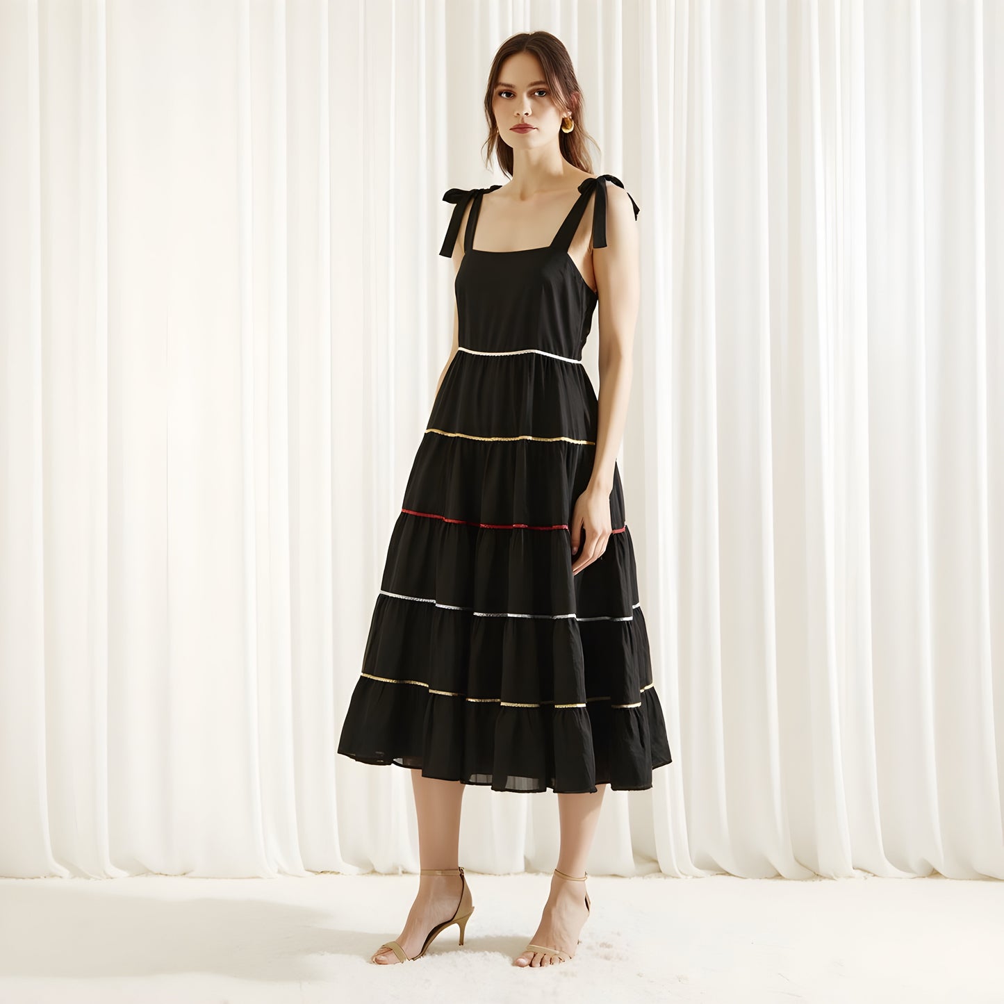 Tiered Midi Dress with Contrast Stitching and Tie Shoulder Straps