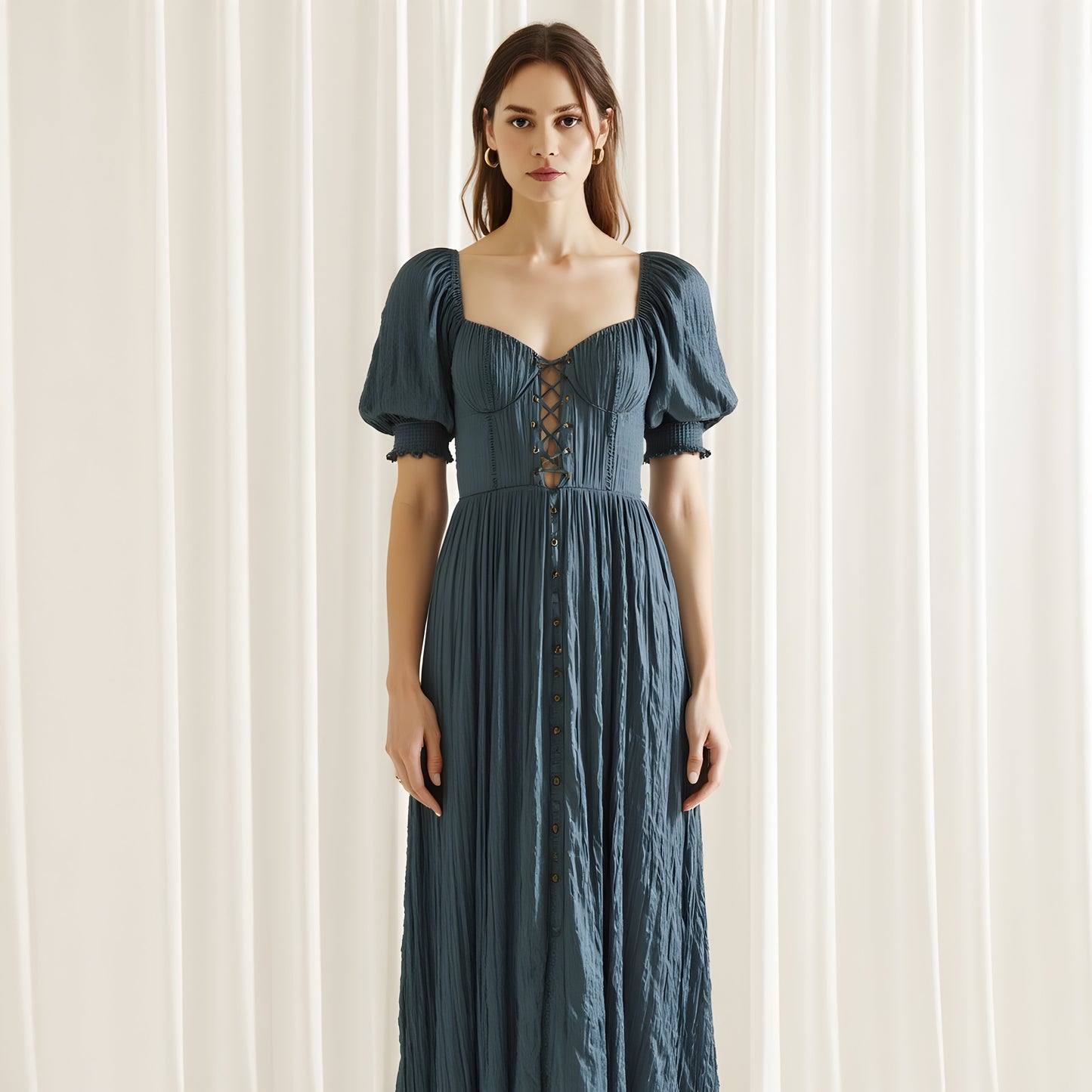 Puff Sleeve Midi Dress with Sweetheart Neckline and Button Front