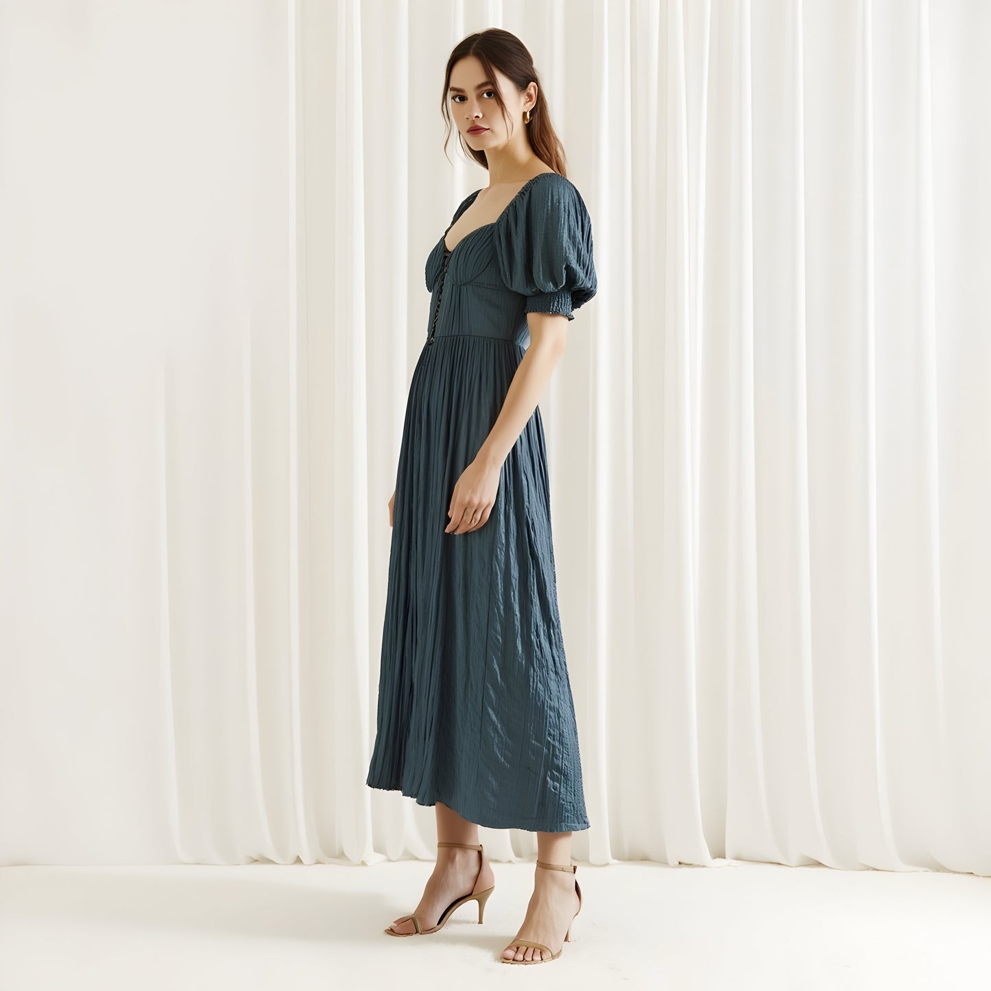 Puff Sleeve Midi Dress with Sweetheart Neckline and Button Front