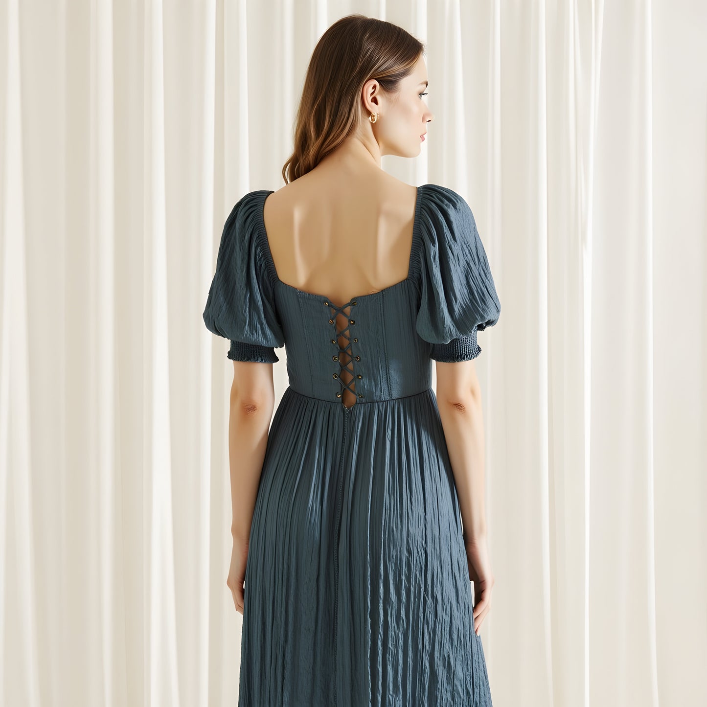 Puff Sleeve Midi Dress with Sweetheart Neckline and Button Front