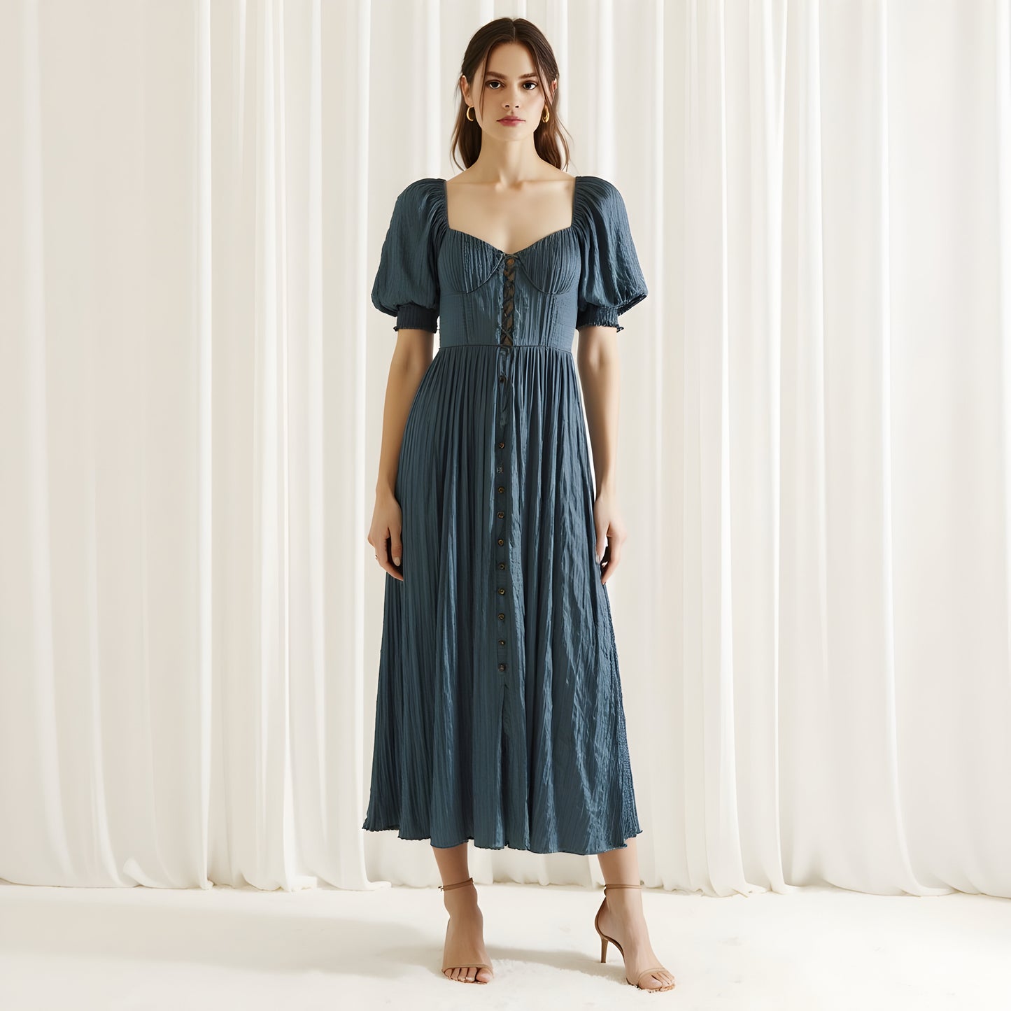 Puff Sleeve Midi Dress with Sweetheart Neckline and Button Front