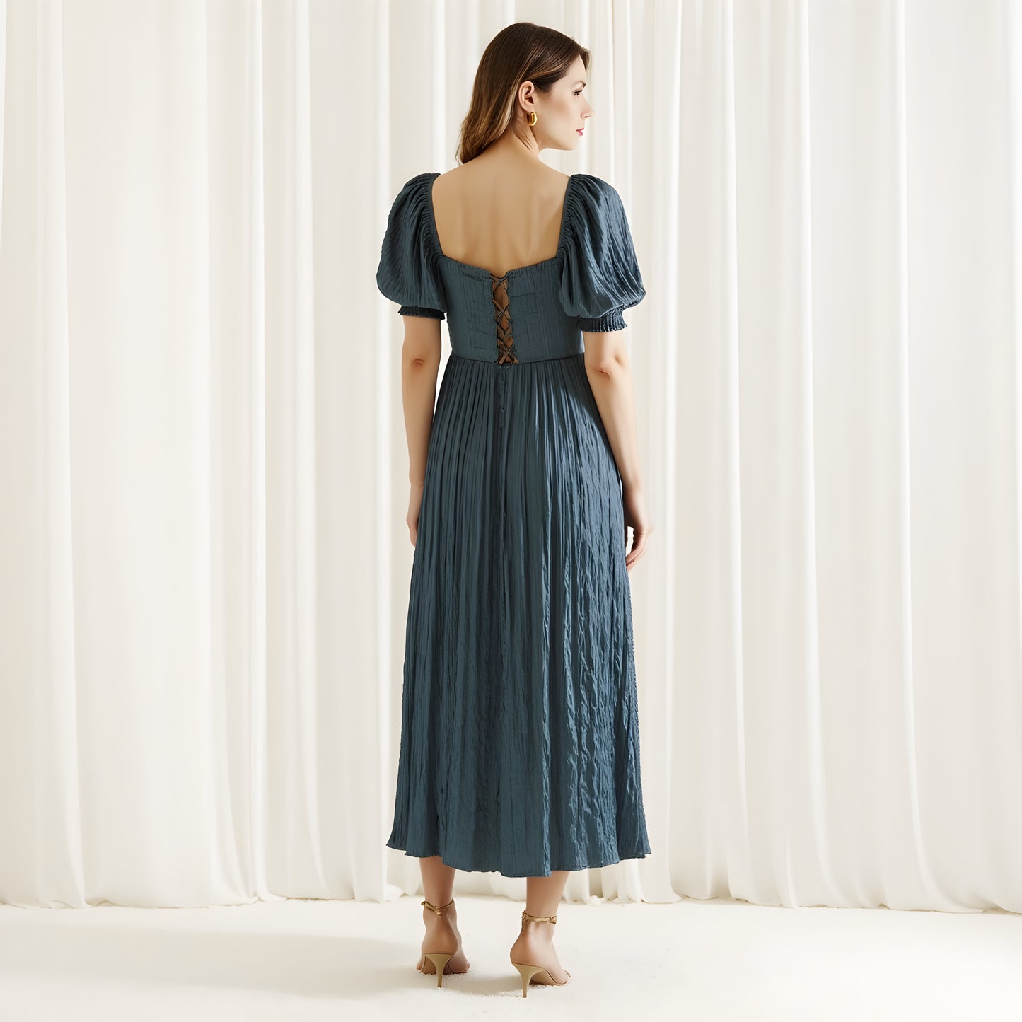 Puff Sleeve Midi Dress with Sweetheart Neckline and Button Front