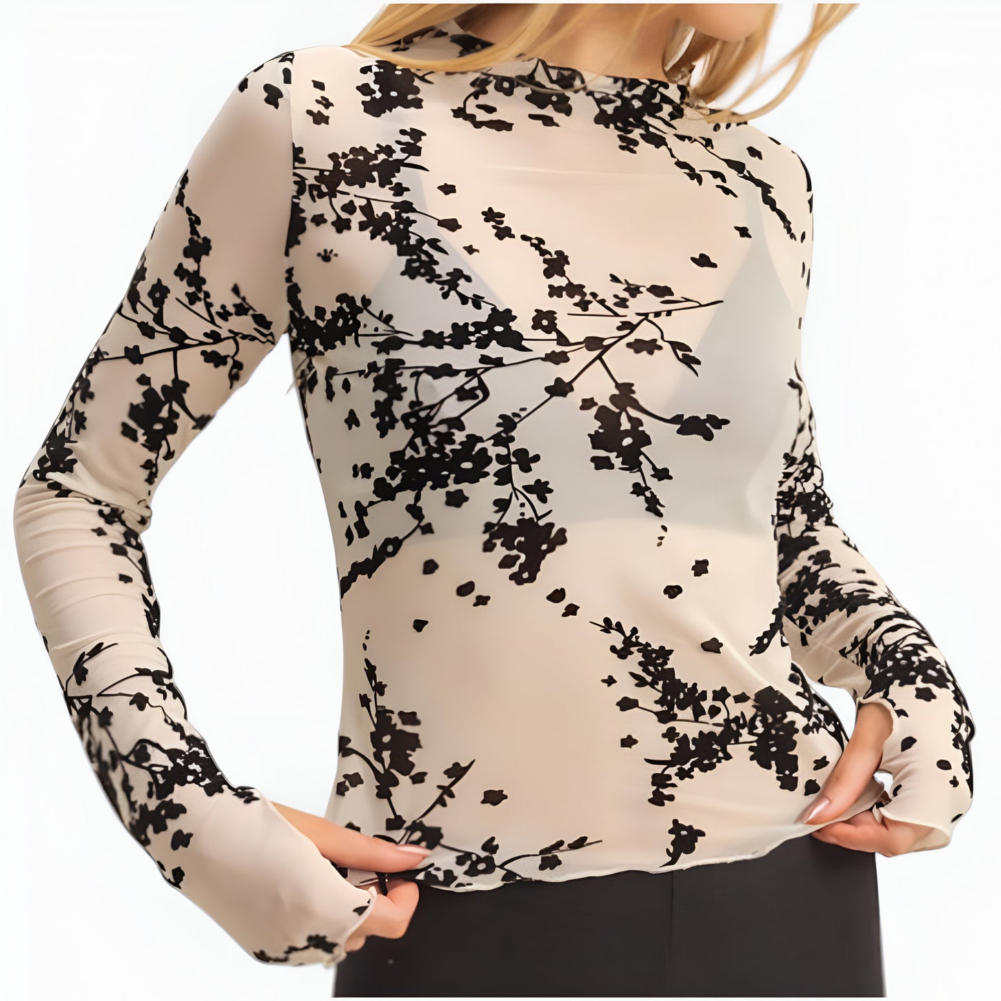 Sheer Mesh Long Sleeve Top with Floral Print and Lettuce Hem Detail
