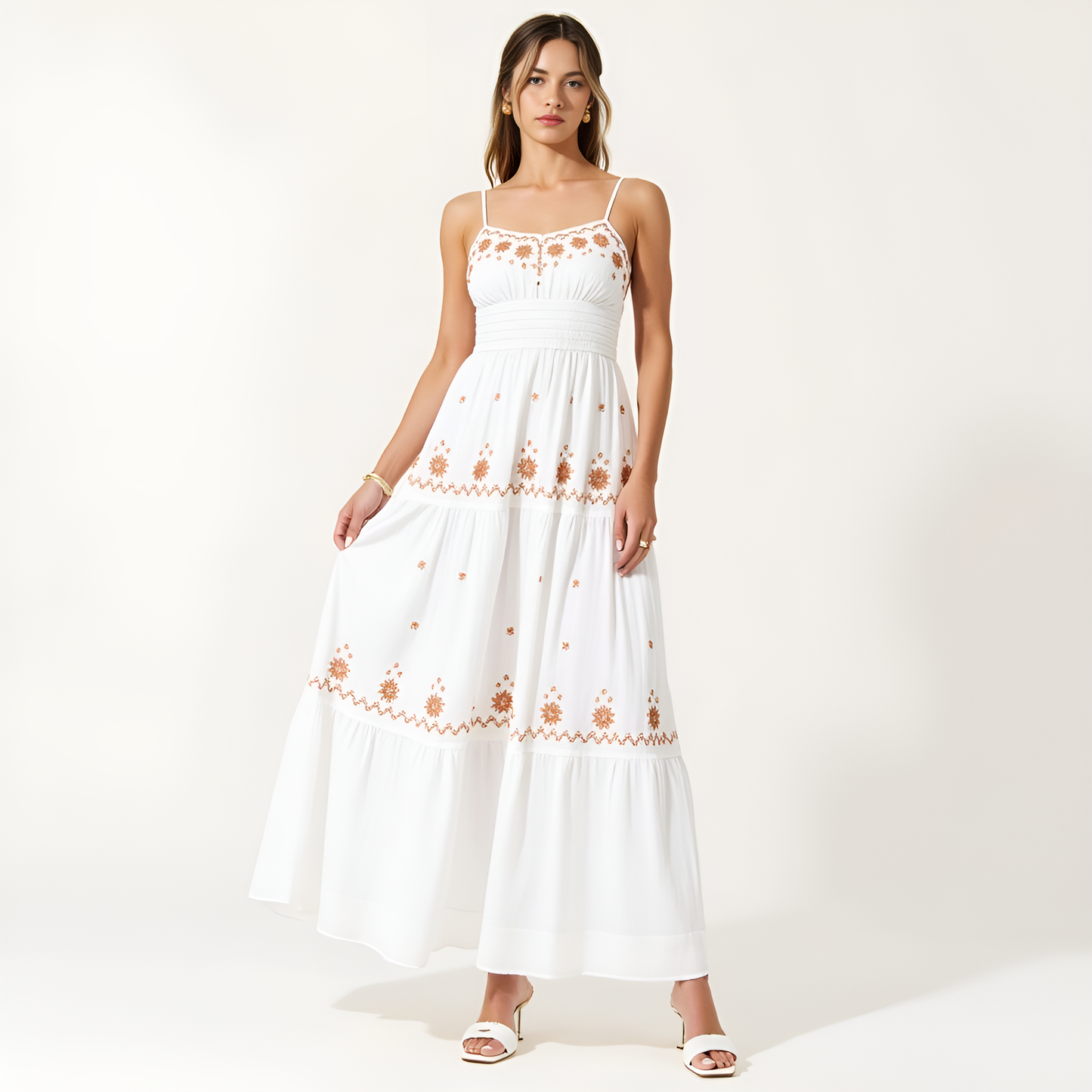 Embroidered Tiered Maxi Dress with Smocked Bodice and Delicate Straps