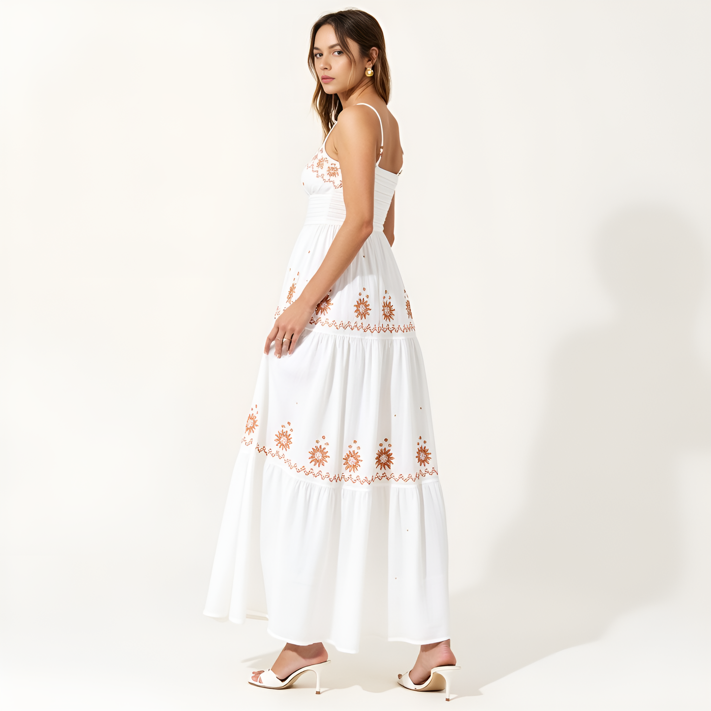 Embroidered Tiered Maxi Dress with Smocked Bodice and Delicate Straps