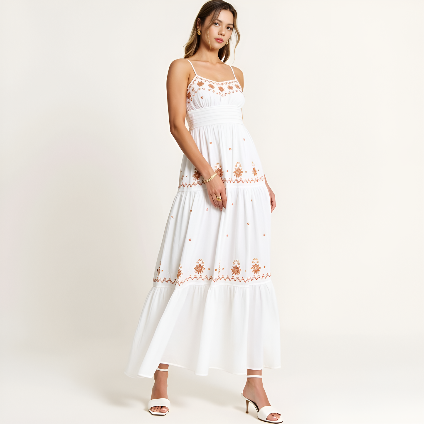 Embroidered Tiered Maxi Dress with Smocked Bodice and Delicate Straps