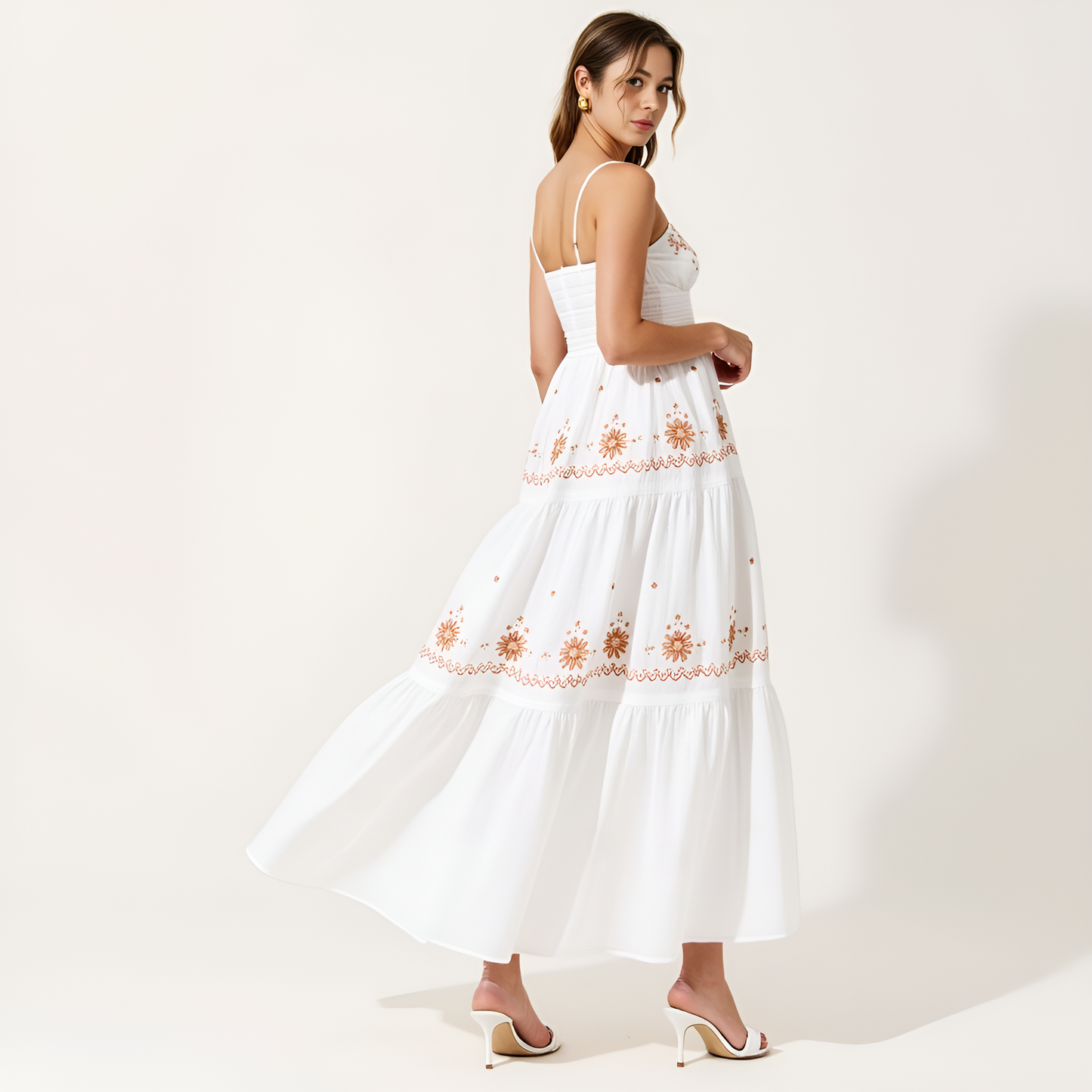 Embroidered Tiered Maxi Dress with Smocked Bodice and Delicate Straps