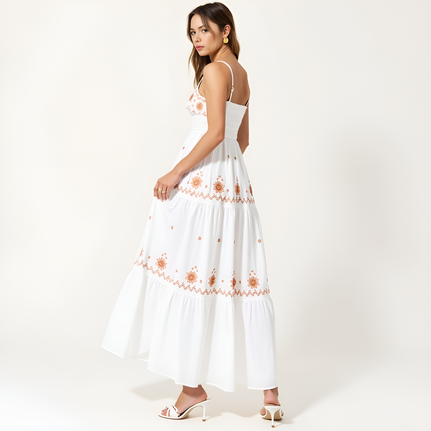 Embroidered Tiered Maxi Dress with Smocked Bodice and Delicate Straps
