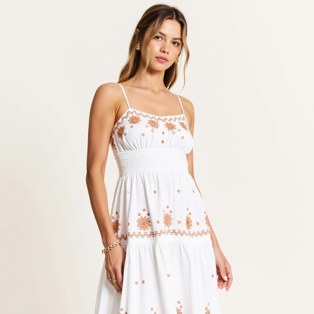Embroidered Tiered Maxi Dress with Smocked Bodice and Delicate Straps