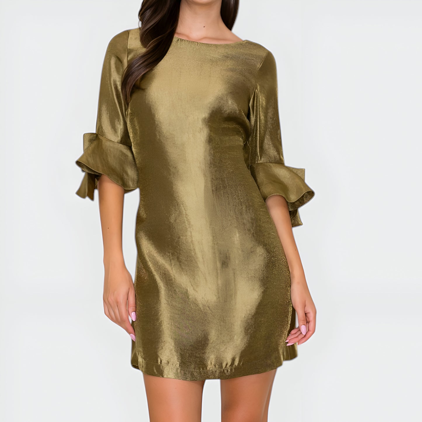 Satin Shift Dress with Ruffle Three-Quarter Sleeves