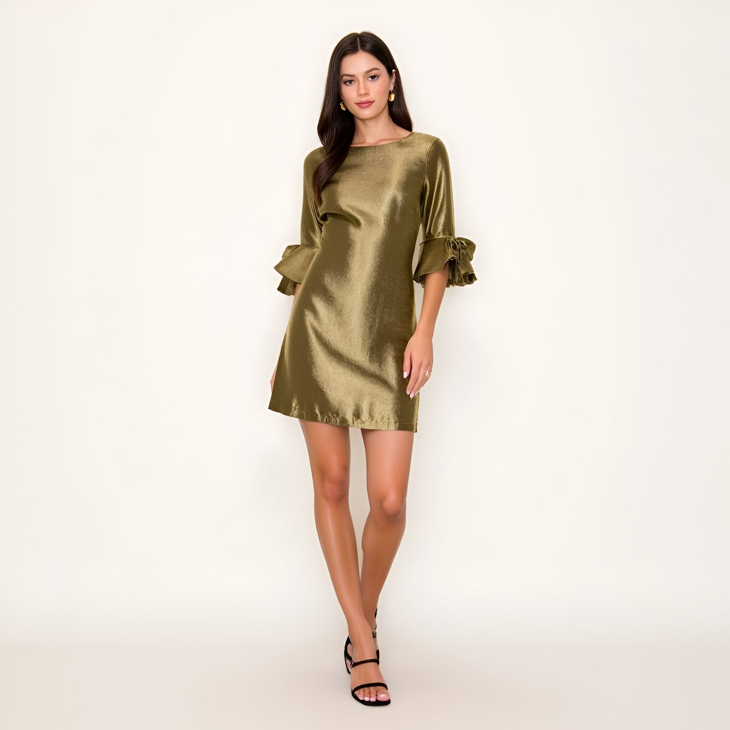 Satin Shift Dress with Ruffle Three-Quarter Sleeves