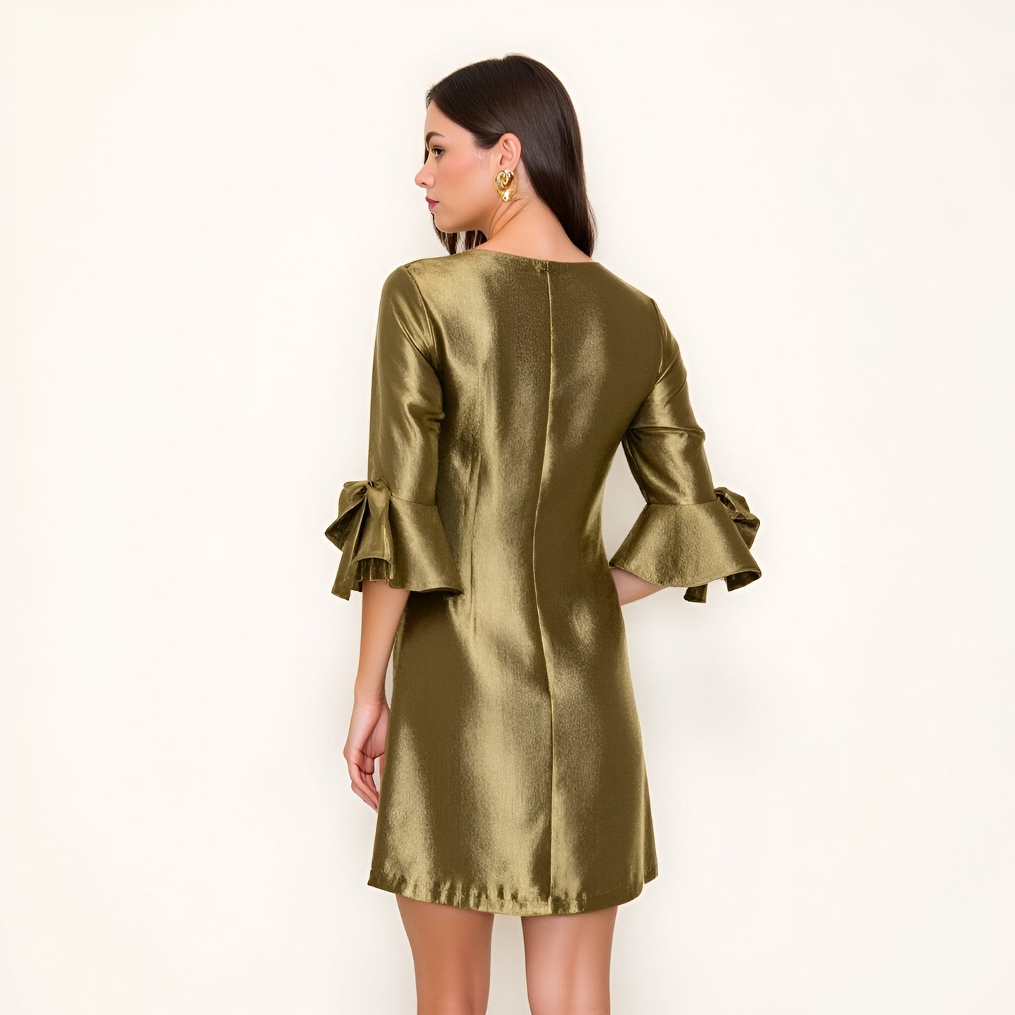 Satin Shift Dress with Ruffle Three-Quarter Sleeves